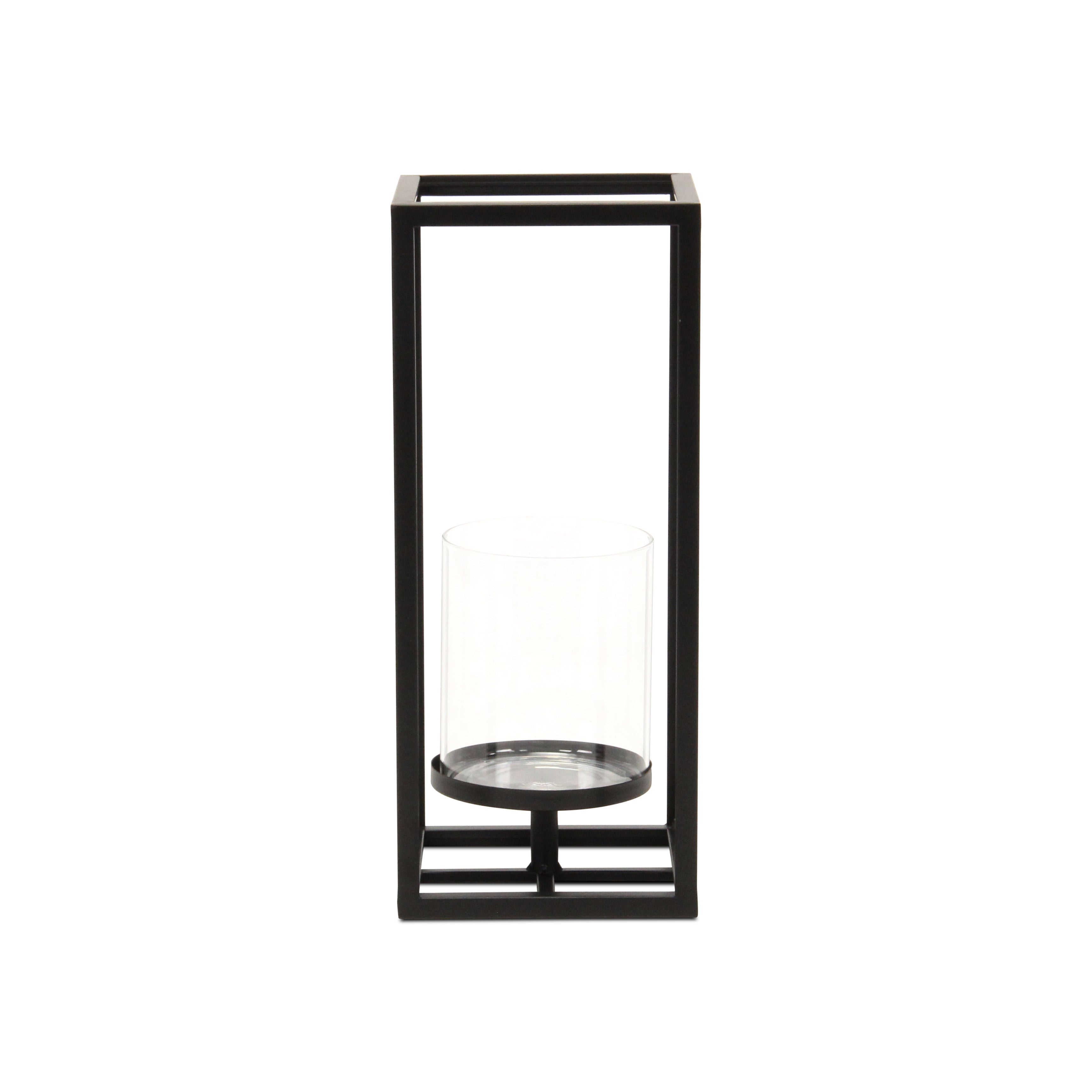 13" Black And Clear Metal And Glass Tabletop Candle Holder-Candle Holders-DECOROLALA