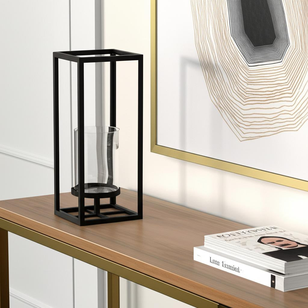 13" Black And Clear Metal And Glass Tabletop Candle Holder-Candle Holders-DECOROLALA