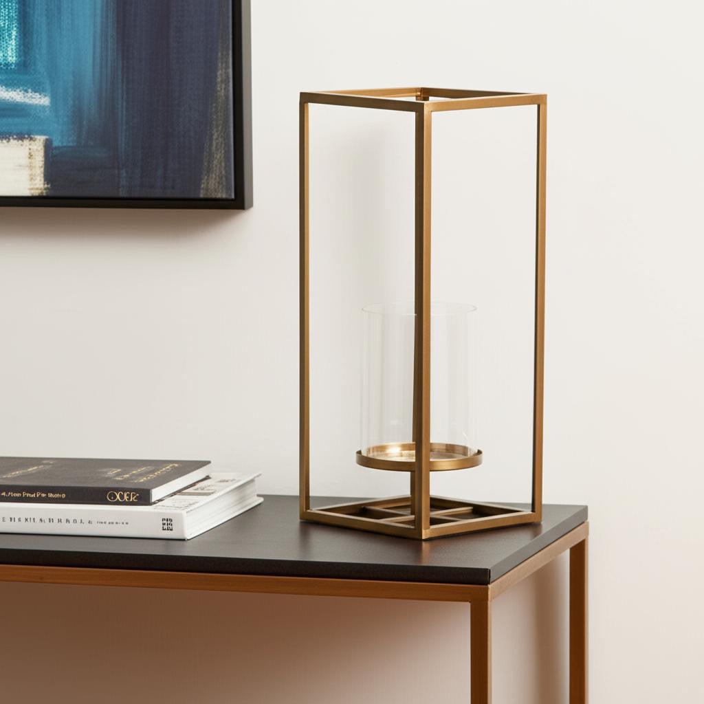 16" Clear And Gold Metal And Glass Tabletop Candle Holder-Candle Holders-DECOROLALA