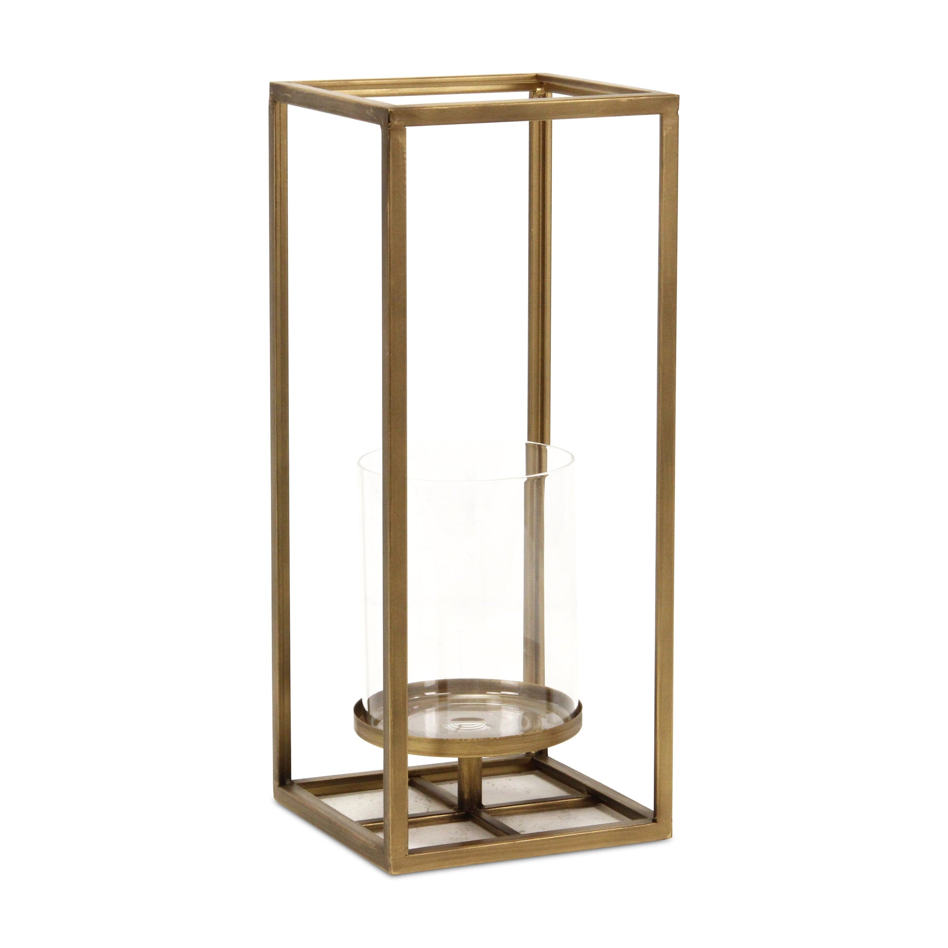 16" Clear And Gold Metal And Glass Tabletop Candle Holder-Candle Holders-DECOROLALA