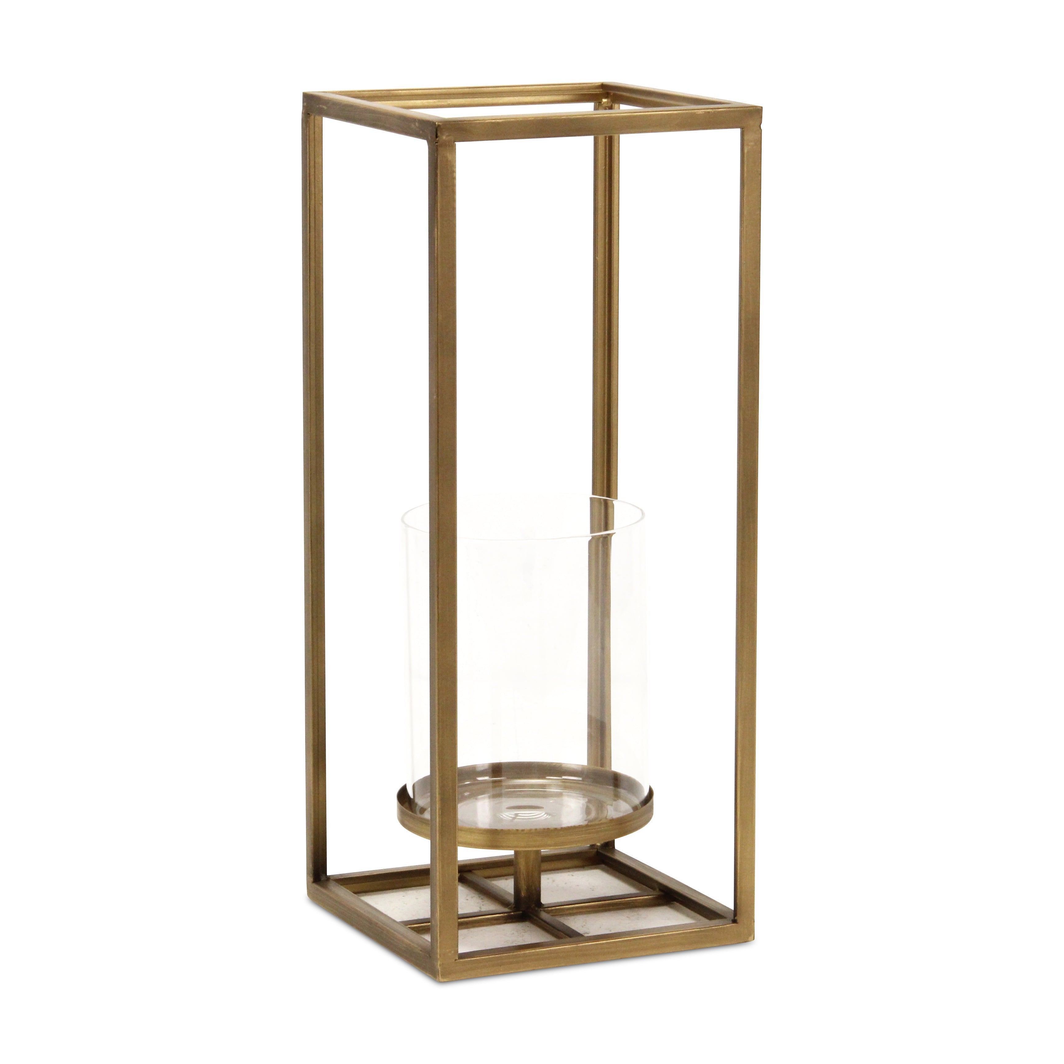 16" Clear And Gold Metal And Glass Tabletop Candle Holder-Candle Holders-DECOROLALA