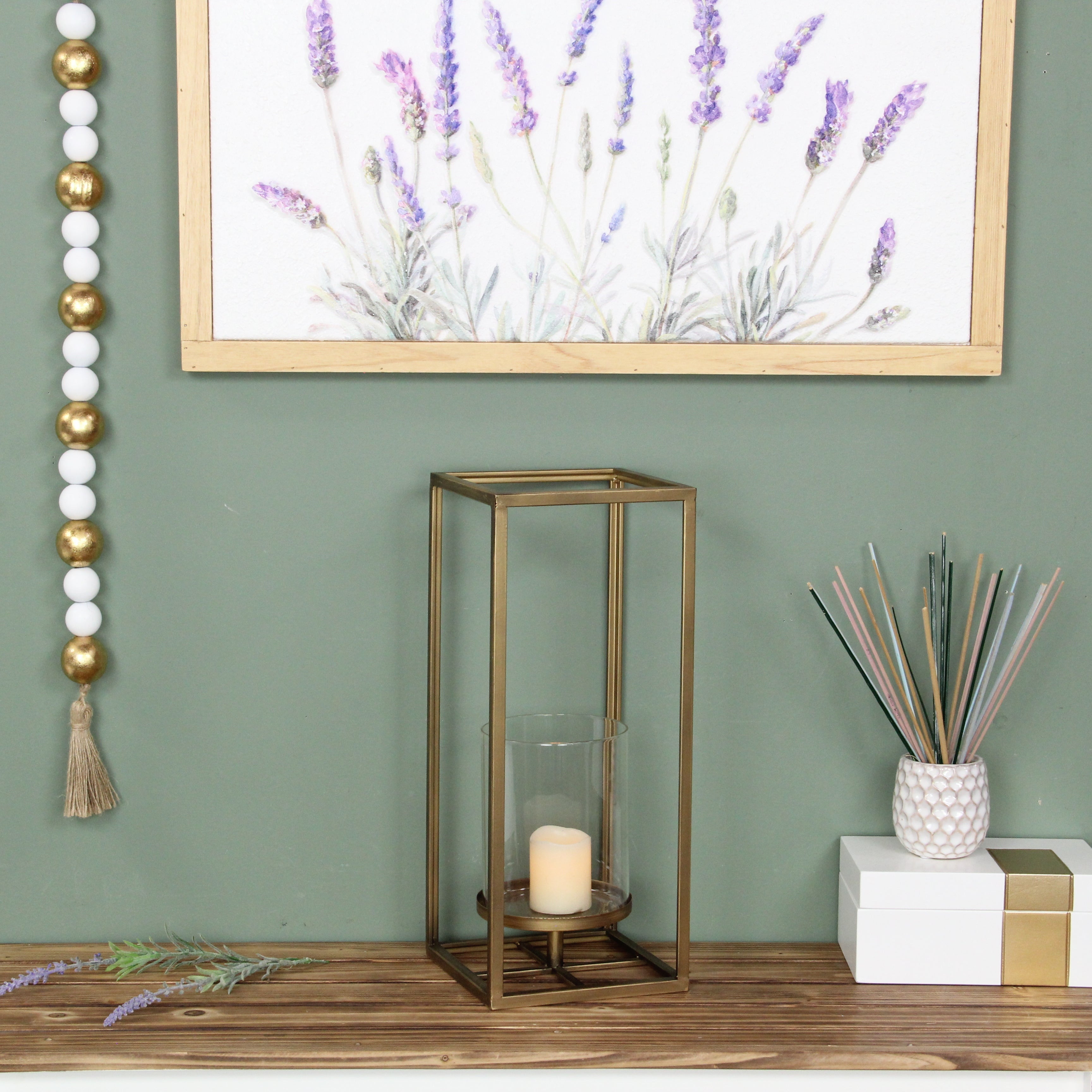 16" Clear And Gold Metal And Glass Tabletop Candle Holder-Candle Holders-DECOROLALA