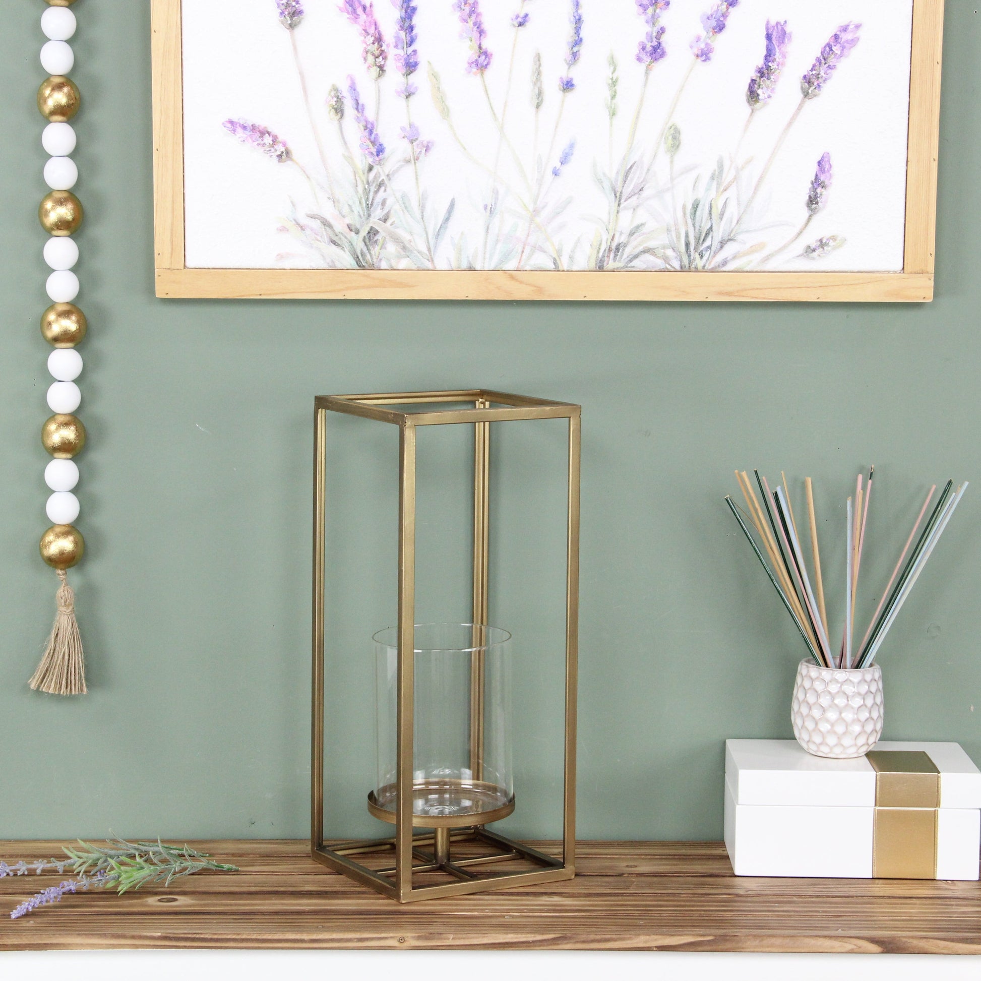 16" Clear And Gold Metal And Glass Tabletop Candle Holder-Candle Holders-DECOROLALA