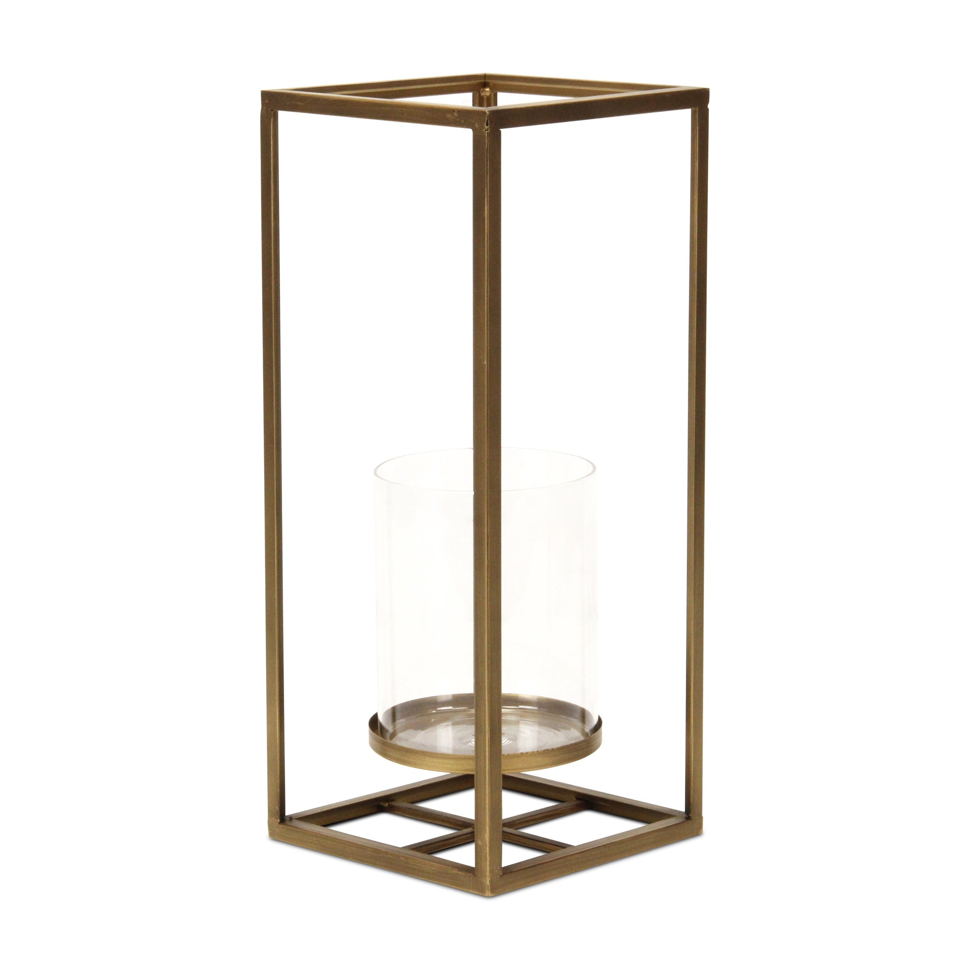 16" Clear And Gold Metal And Glass Tabletop Candle Holder-Candle Holders-DECOROLALA
