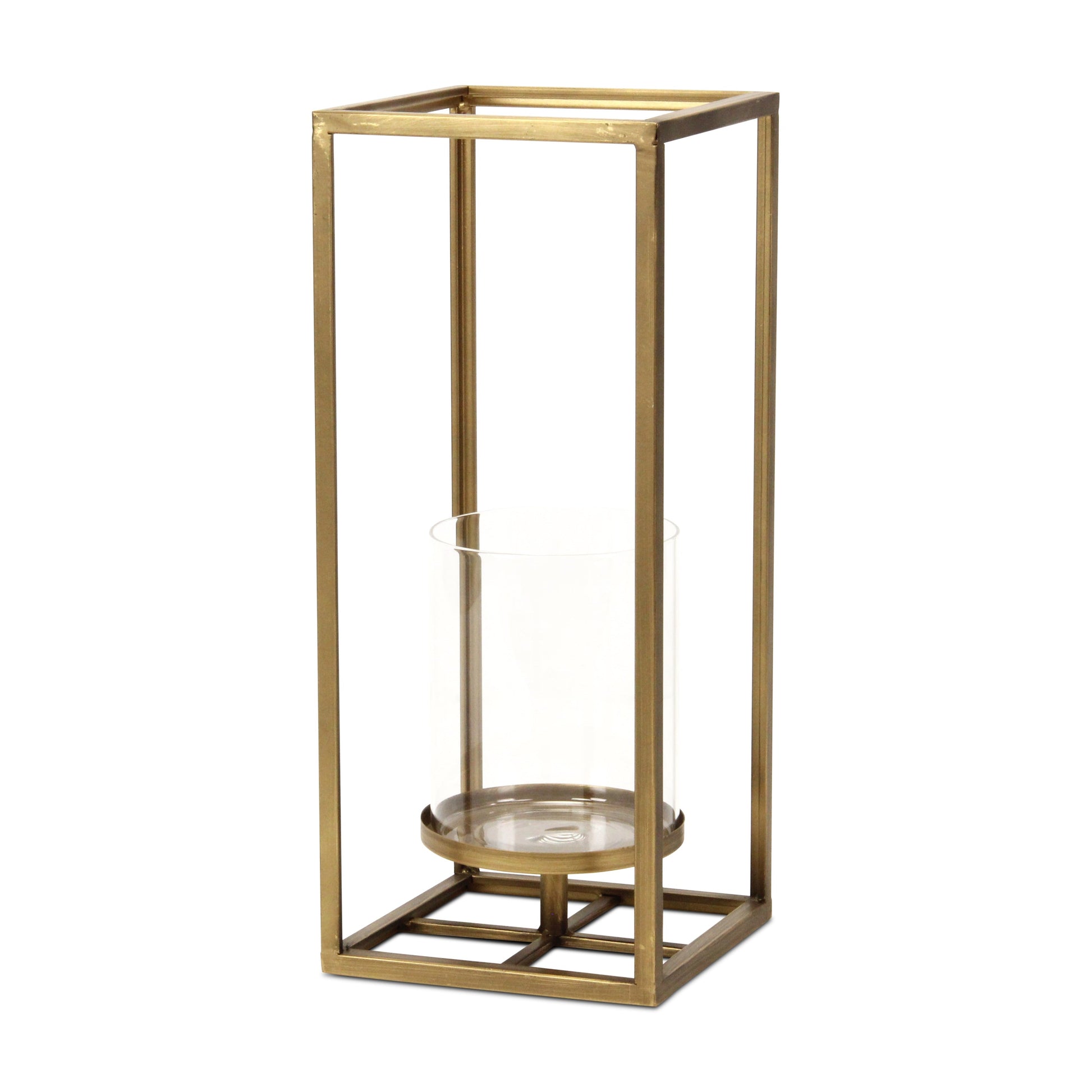 16" Clear And Gold Metal And Glass Tabletop Candle Holder-Candle Holders-DECOROLALA