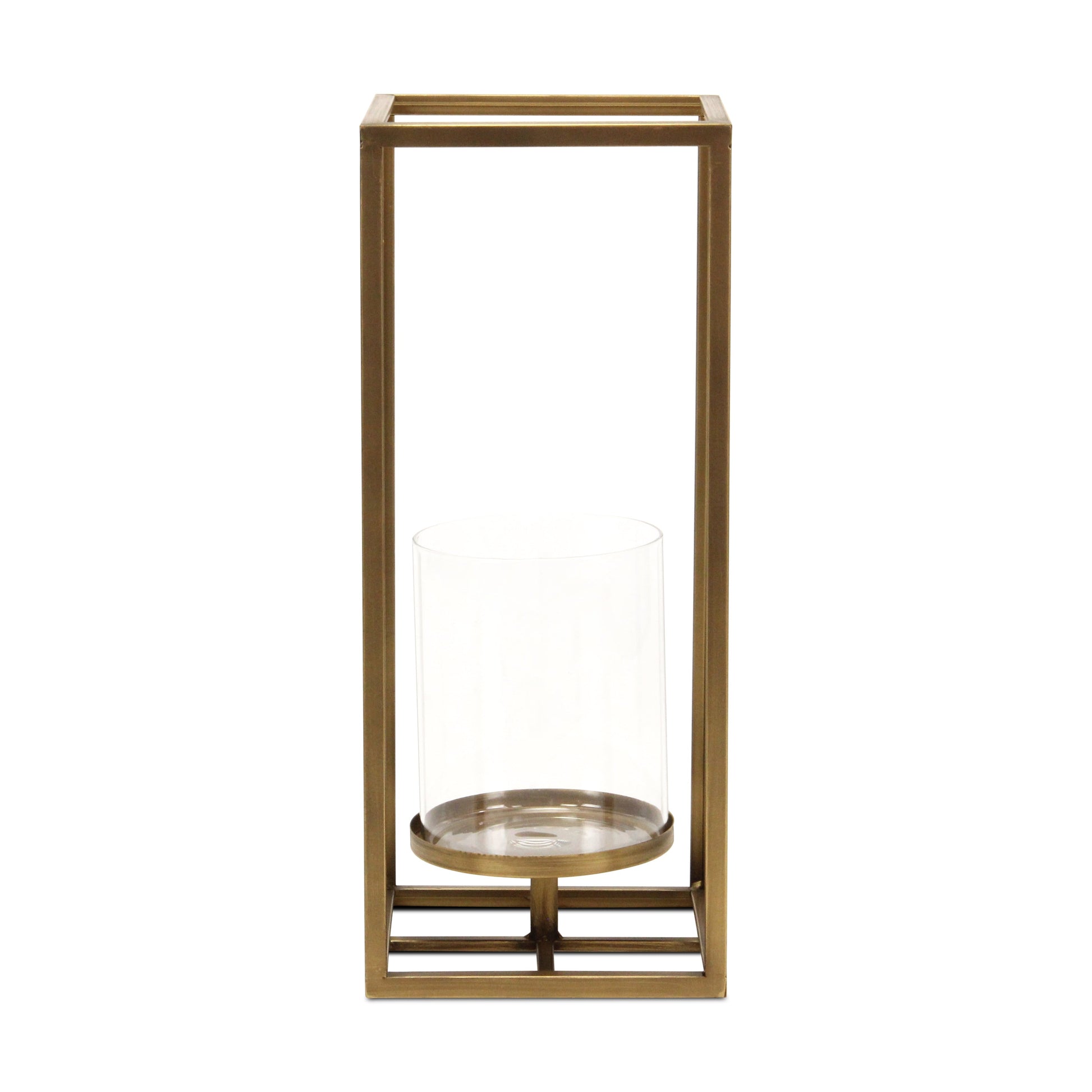 16" Clear And Gold Metal And Glass Tabletop Candle Holder-Candle Holders-DECOROLALA
