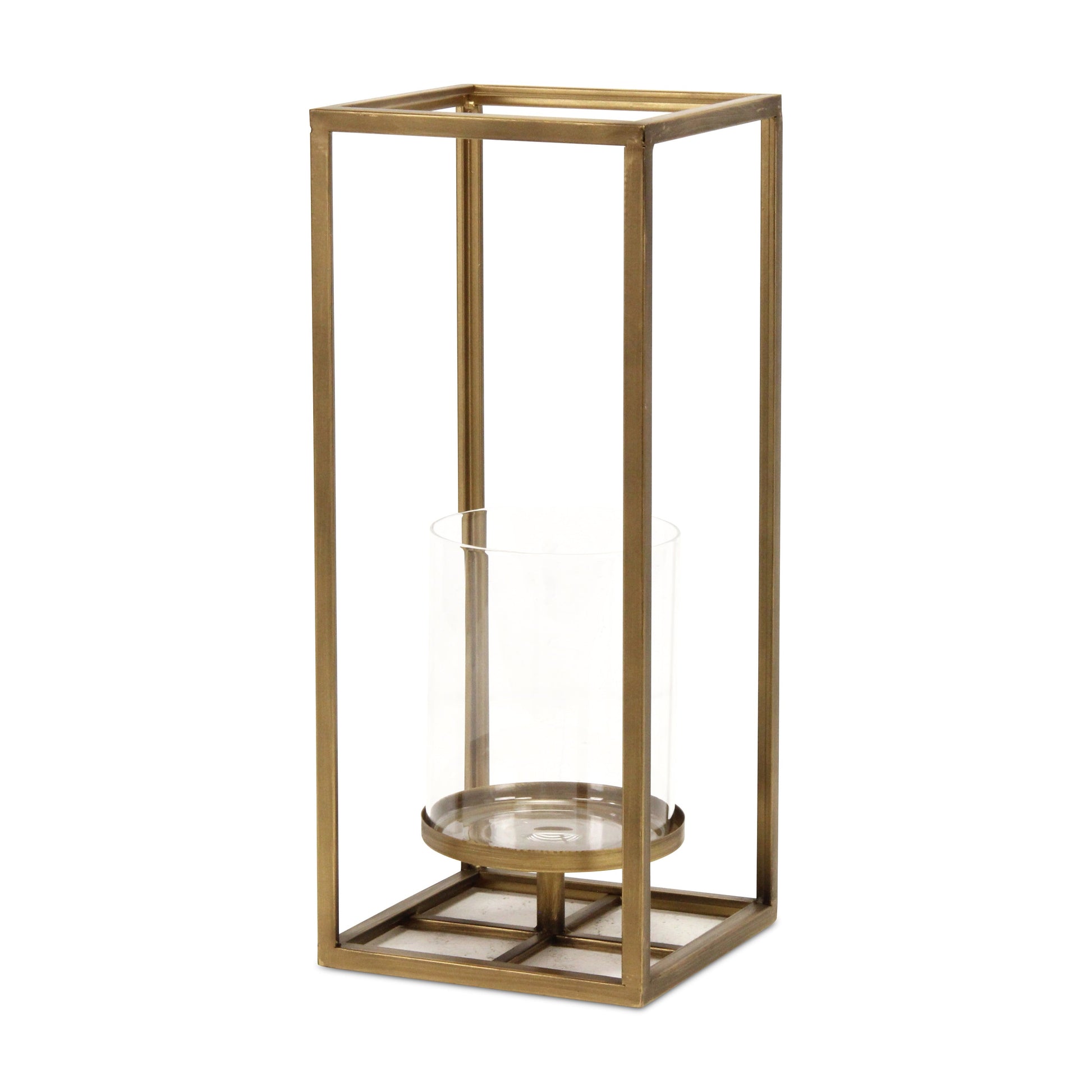 16" Clear And Gold Metal And Glass Tabletop Candle Holder-Candle Holders-DECOROLALA