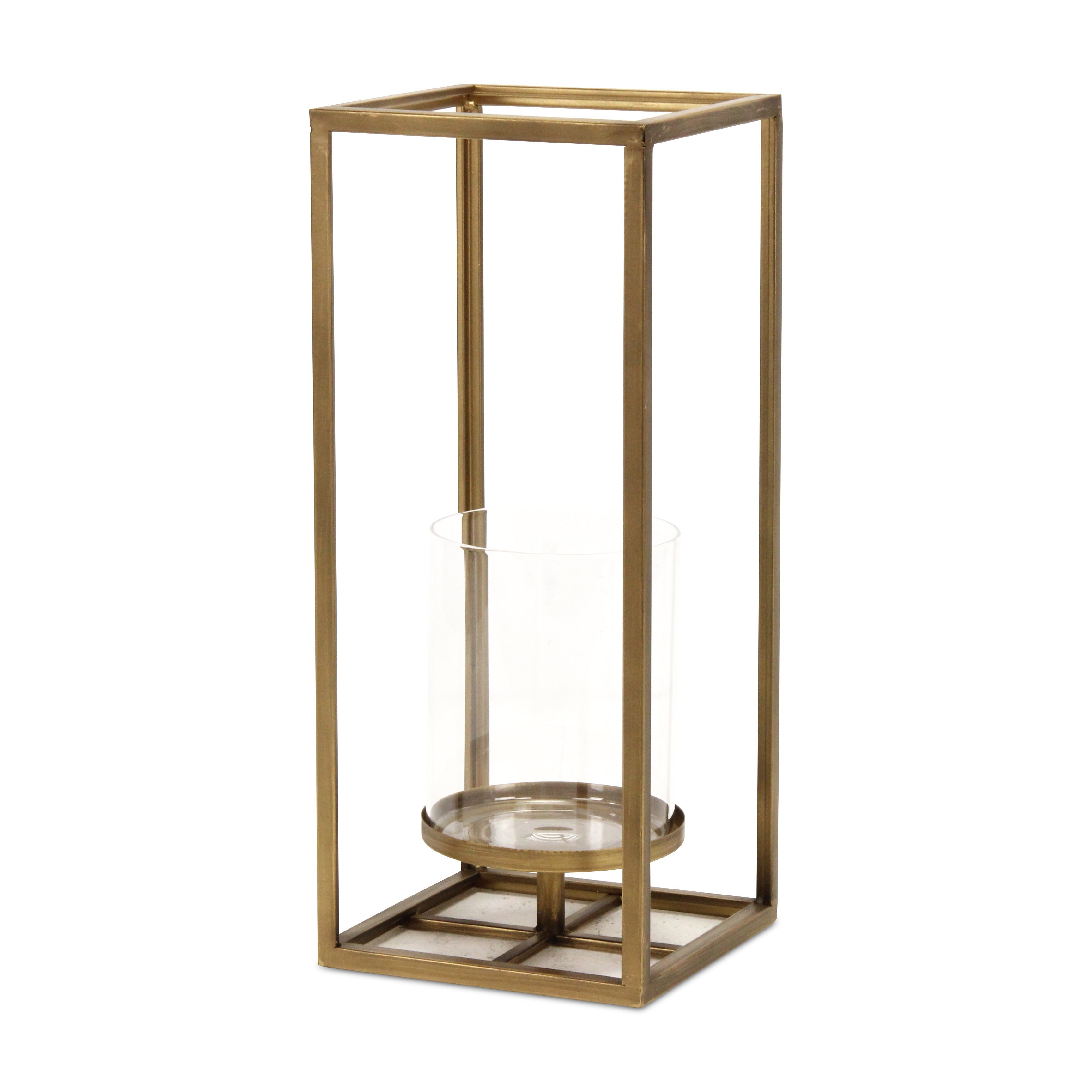 16" Clear And Gold Metal And Glass Tabletop Candle Holder-Candle Holders-DECOROLALA