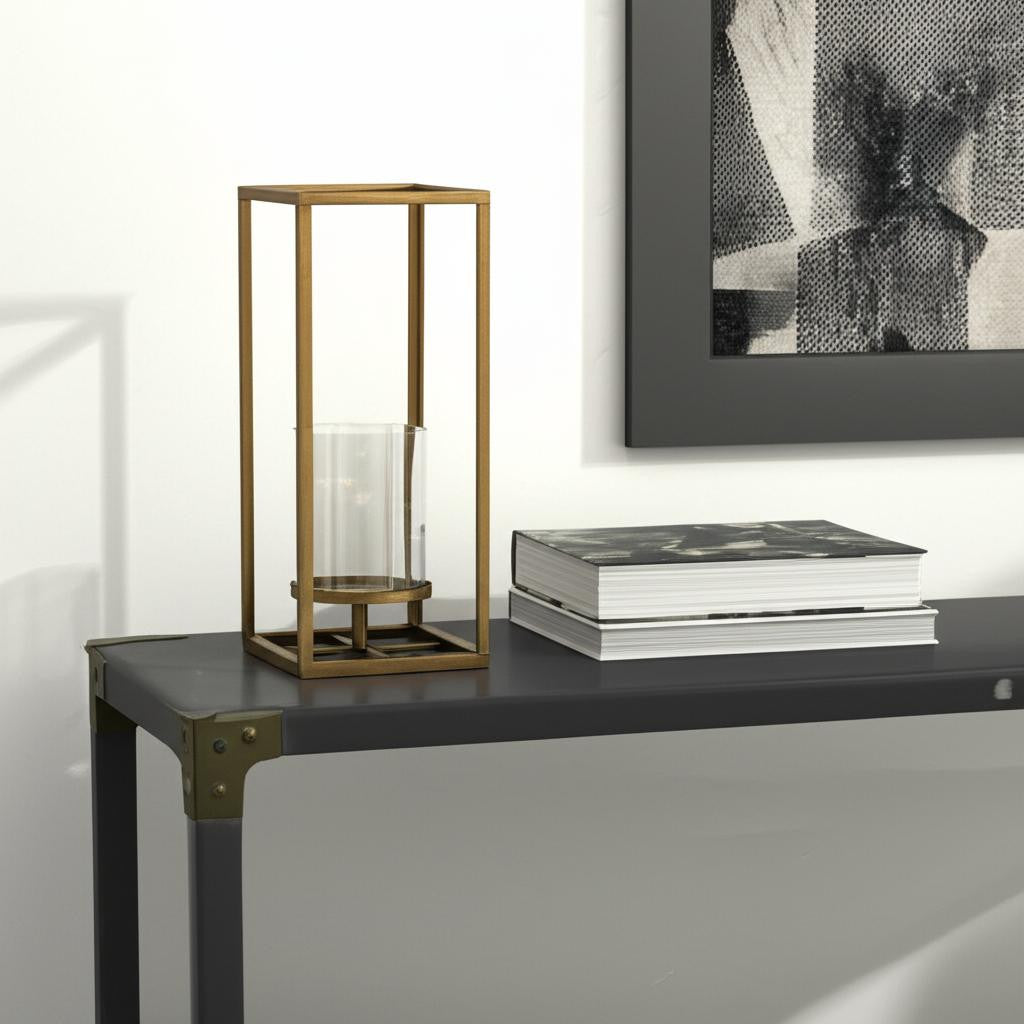 13" Gold And Clear Metal And Glass Tabletop Candle Holder-Candle Holders-DECOROLALA