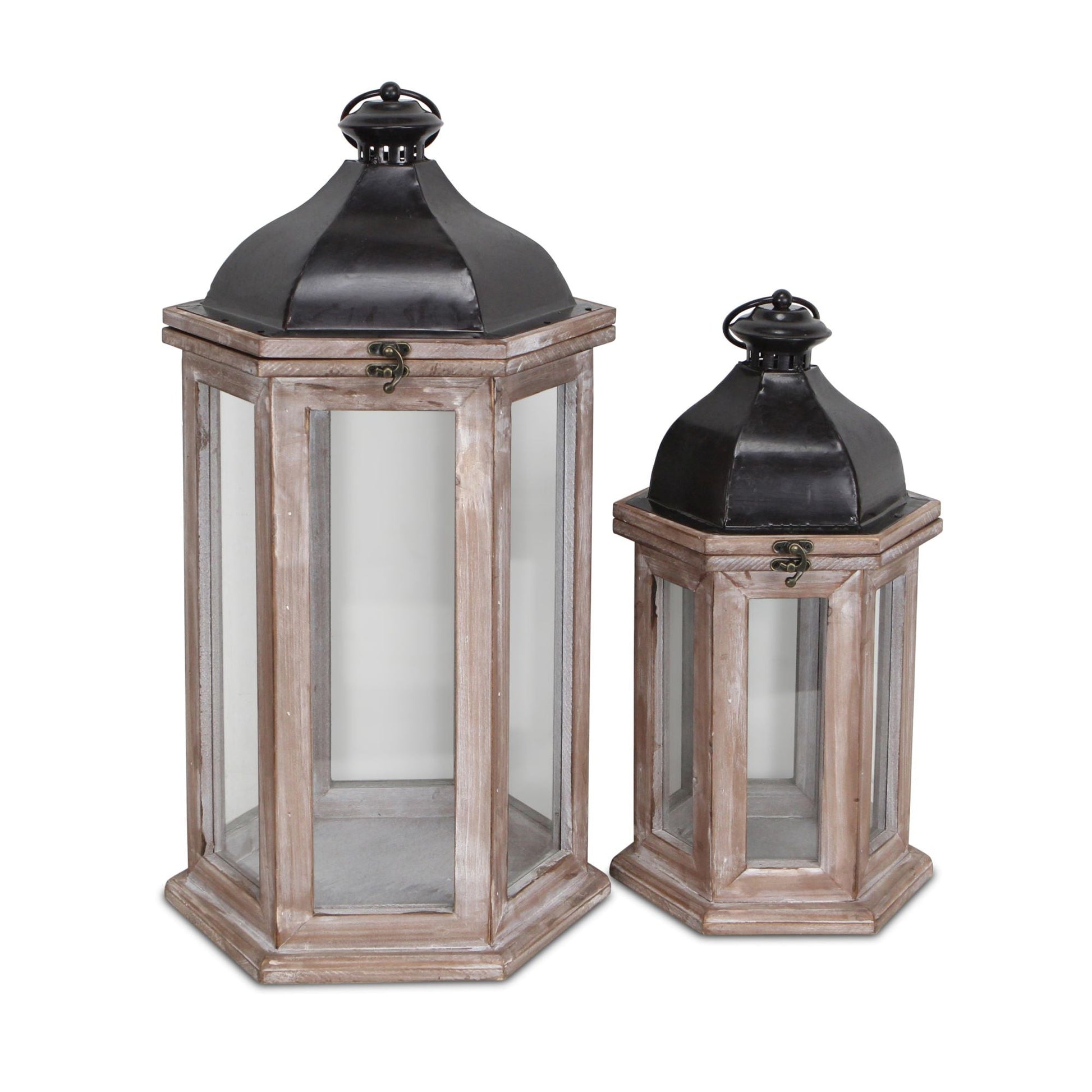 Set of Two Brown Geometric Metal And Solid Wood Floor Lantern Candle Holders-Candle Holders-DECOROLALA