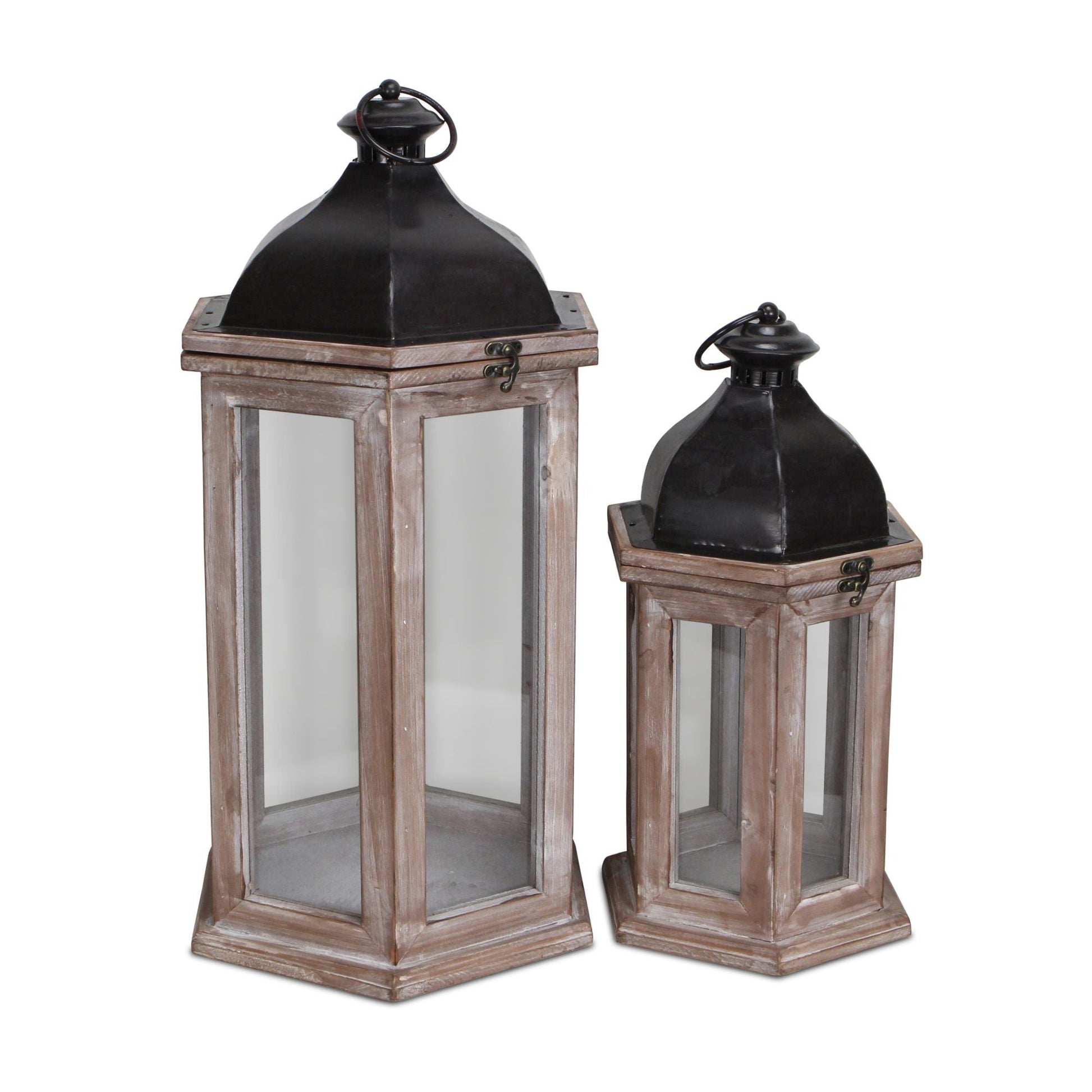 Set of Two Brown Geometric Metal And Solid Wood Floor Lantern Candle Holders-Candle Holders-DECOROLALA
