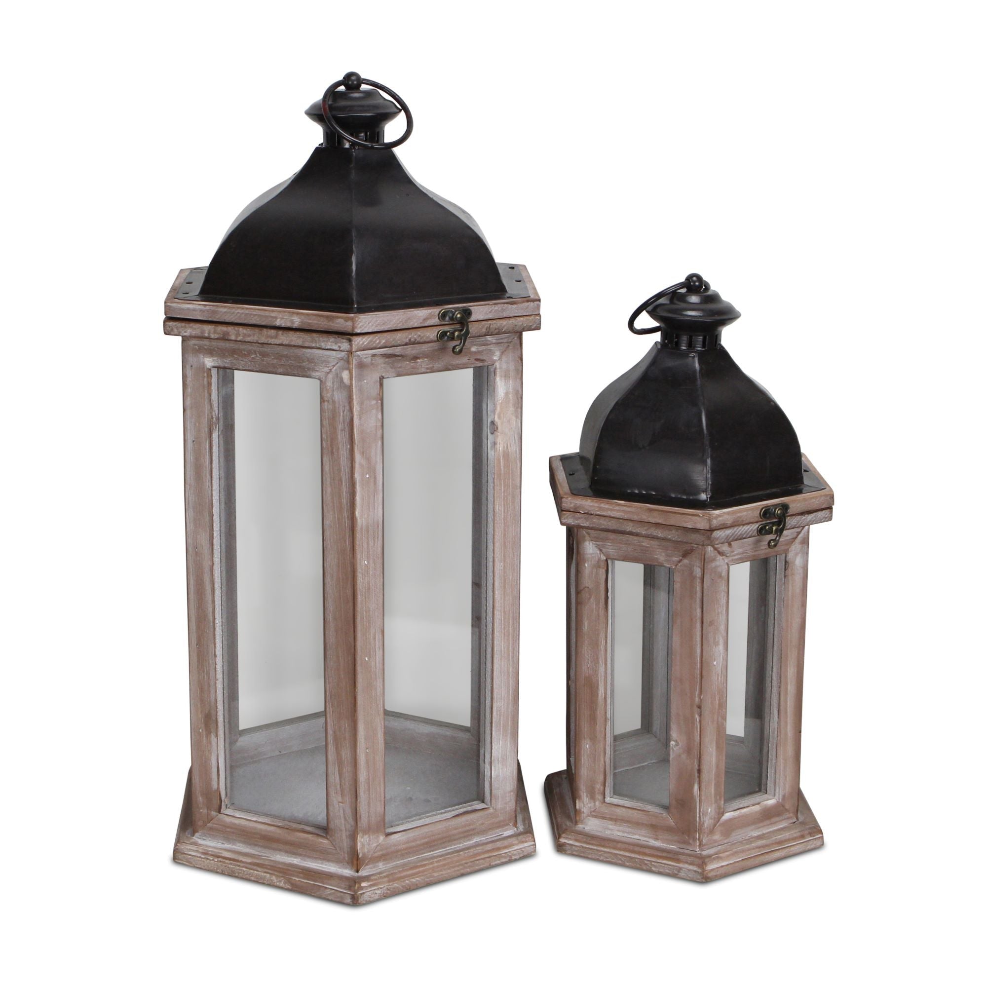 Set of Two Brown Geometric Metal And Solid Wood Floor Lantern Candle Holders-Candle Holders-DECOROLALA
