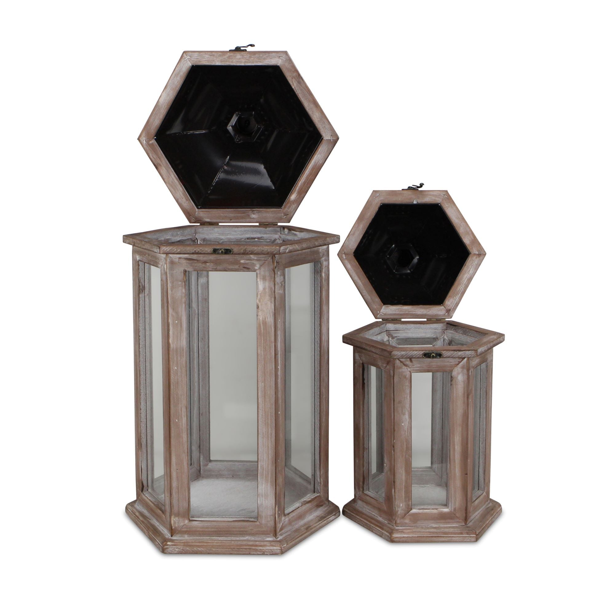 Set of Two Brown Geometric Metal And Solid Wood Floor Lantern Candle Holders-Candle Holders-DECOROLALA