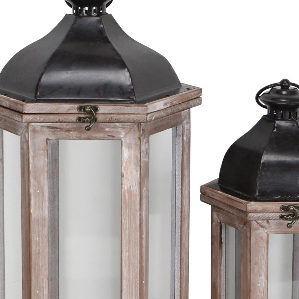 Set of Two Brown Geometric Metal And Solid Wood Floor Lantern Candle Holders-Candle Holders-DECOROLALA