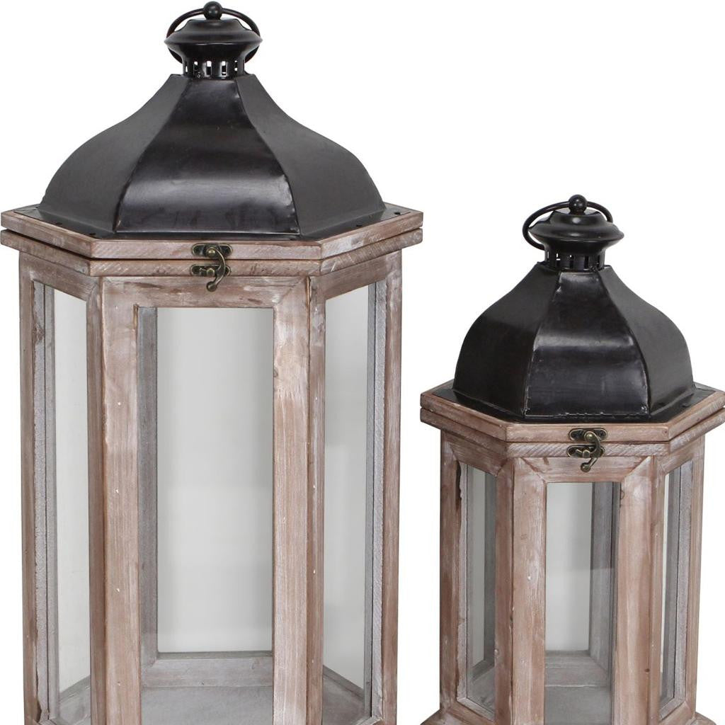 Set of Two Brown Geometric Metal And Solid Wood Floor Lantern Candle Holders-Candle Holders-DECOROLALA