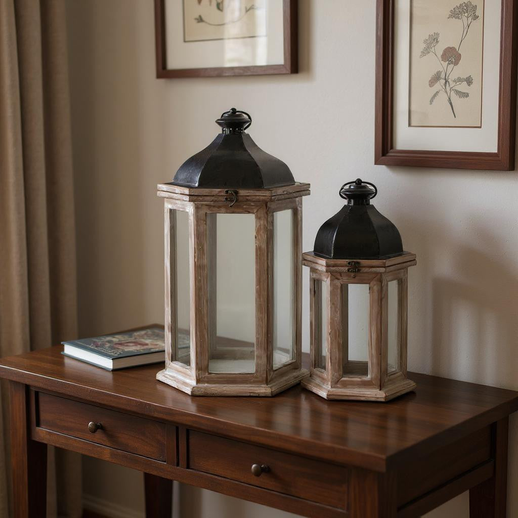 Set of Two Brown Geometric Metal And Solid Wood Floor Lantern Candle Holders-Candle Holders-DECOROLALA