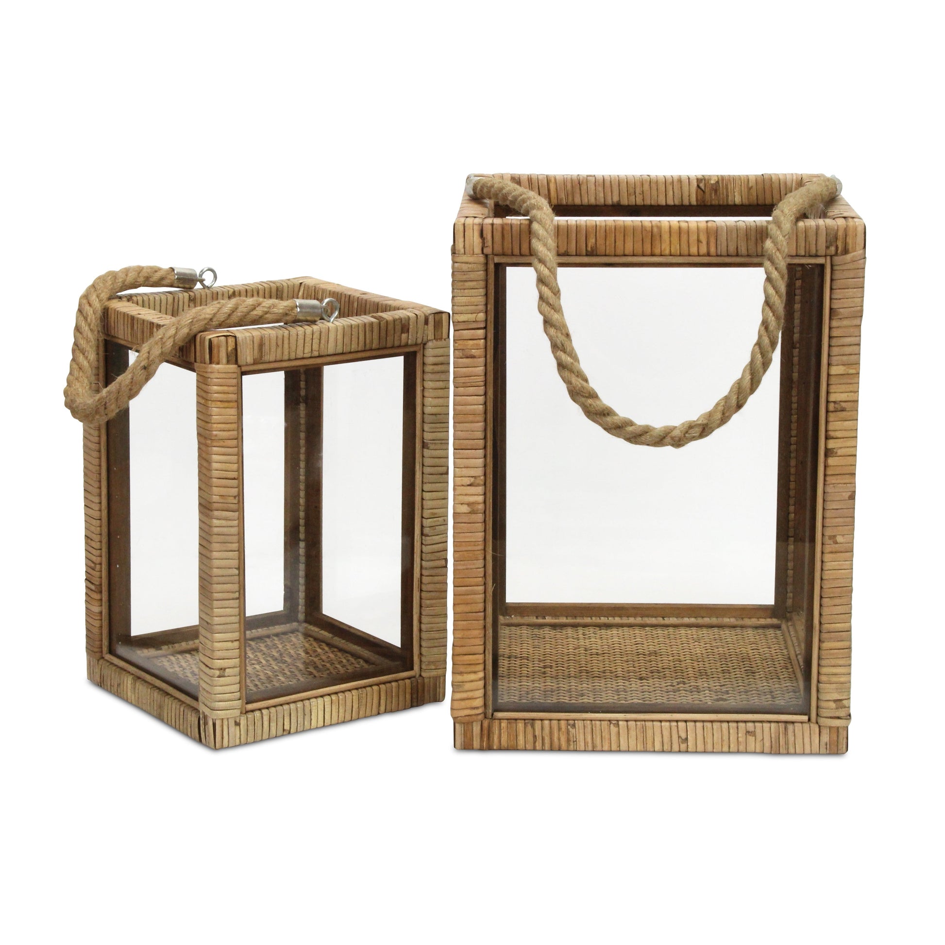 Set of Two Natural Glass Rattan And Rope Tabletop Lantern Candle Holders-Candle Holders-DECOROLALA