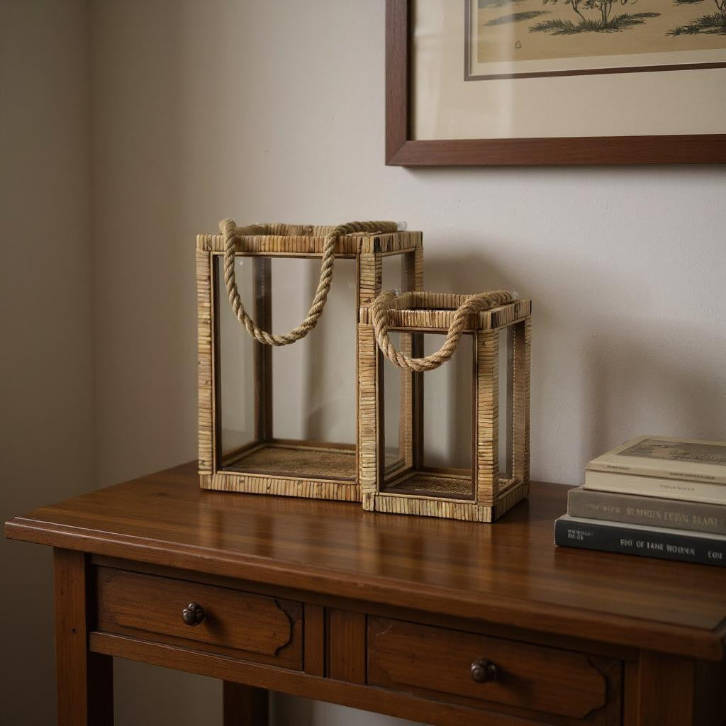 Set of Two Natural Glass Rattan And Rope Tabletop Lantern Candle Holders-Candle Holders-DECOROLALA