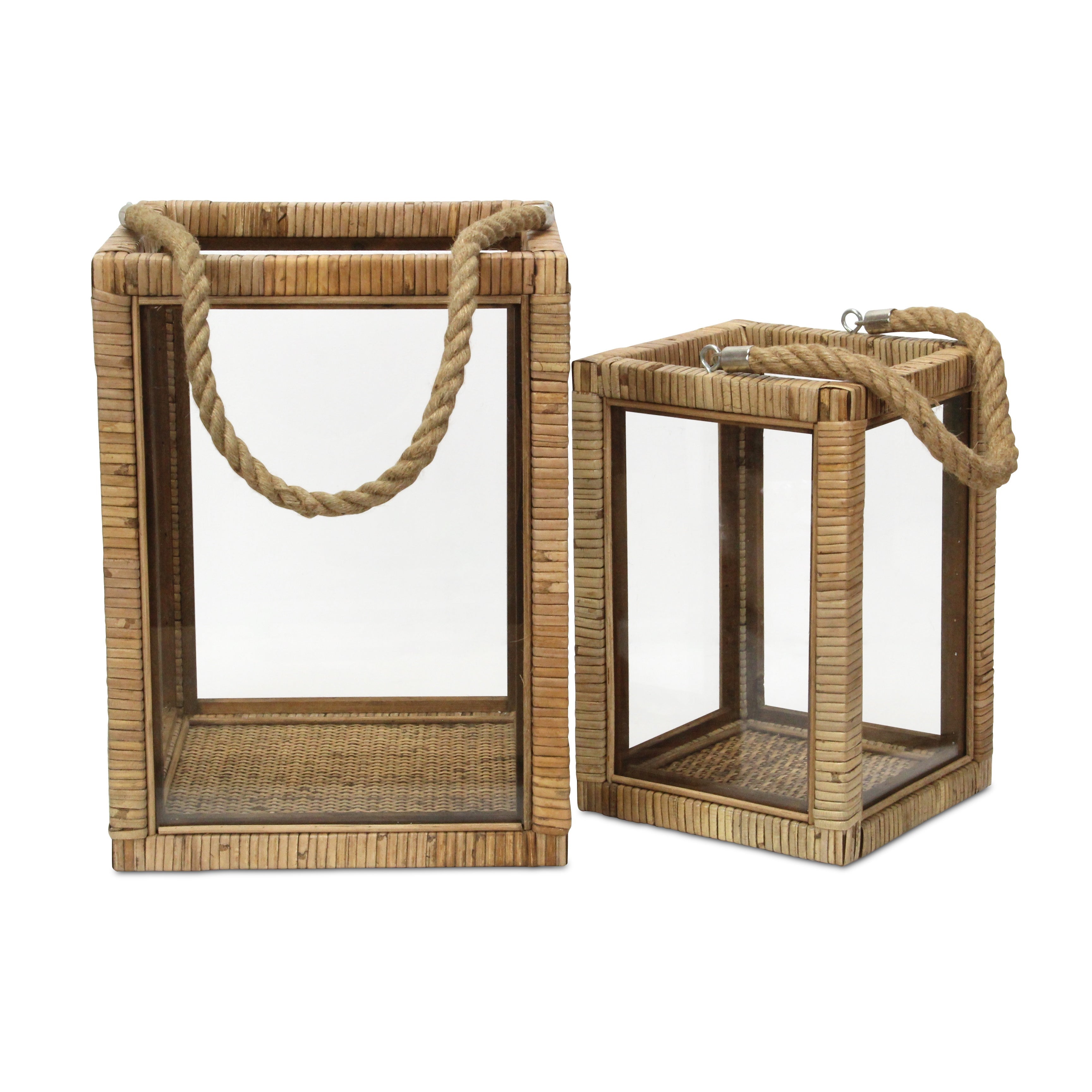 Set of Two Natural Glass Rattan And Rope Tabletop Lantern Candle Holders-Candle Holders-DECOROLALA