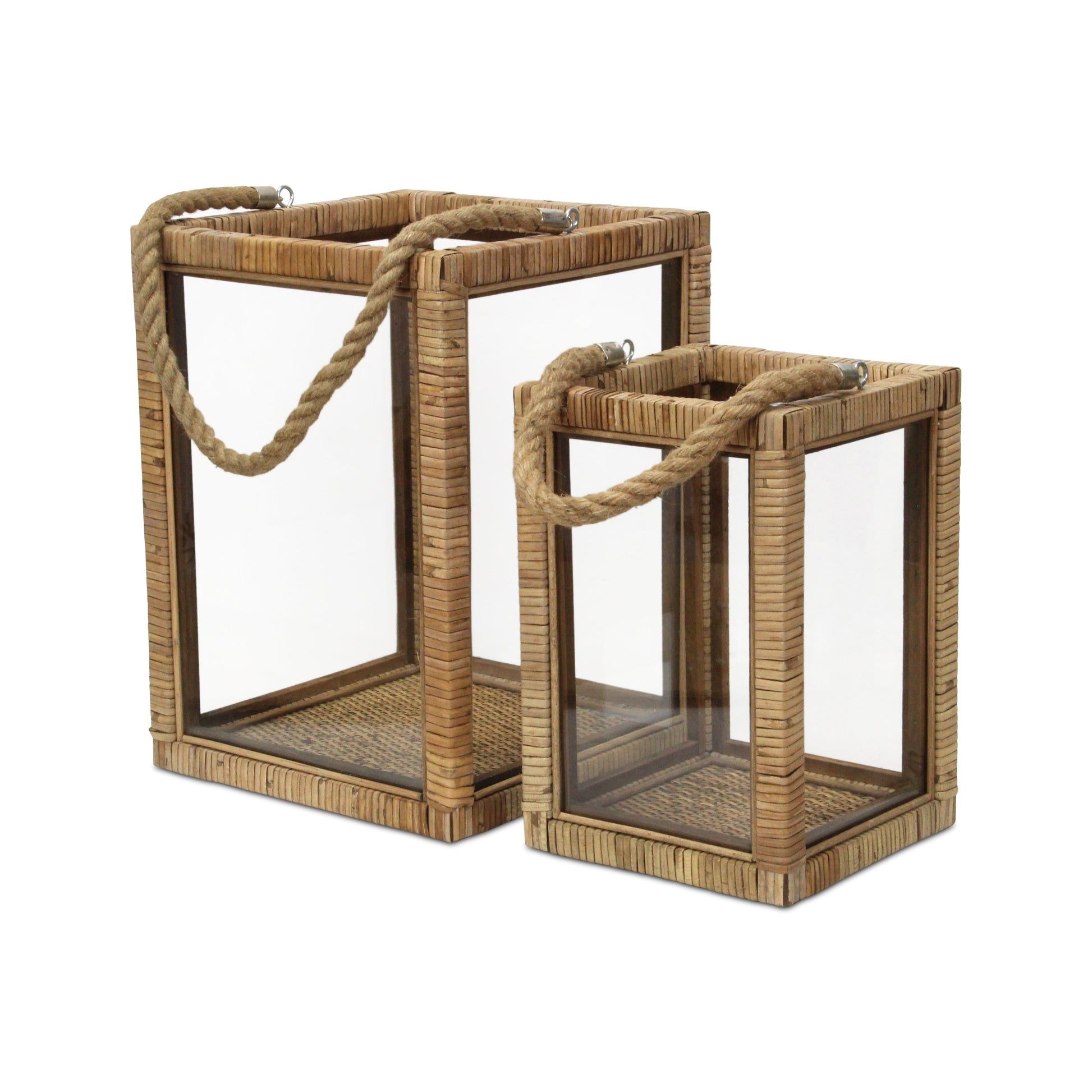 Set of Two Natural Glass Rattan And Rope Tabletop Lantern Candle Holders-Candle Holders-DECOROLALA