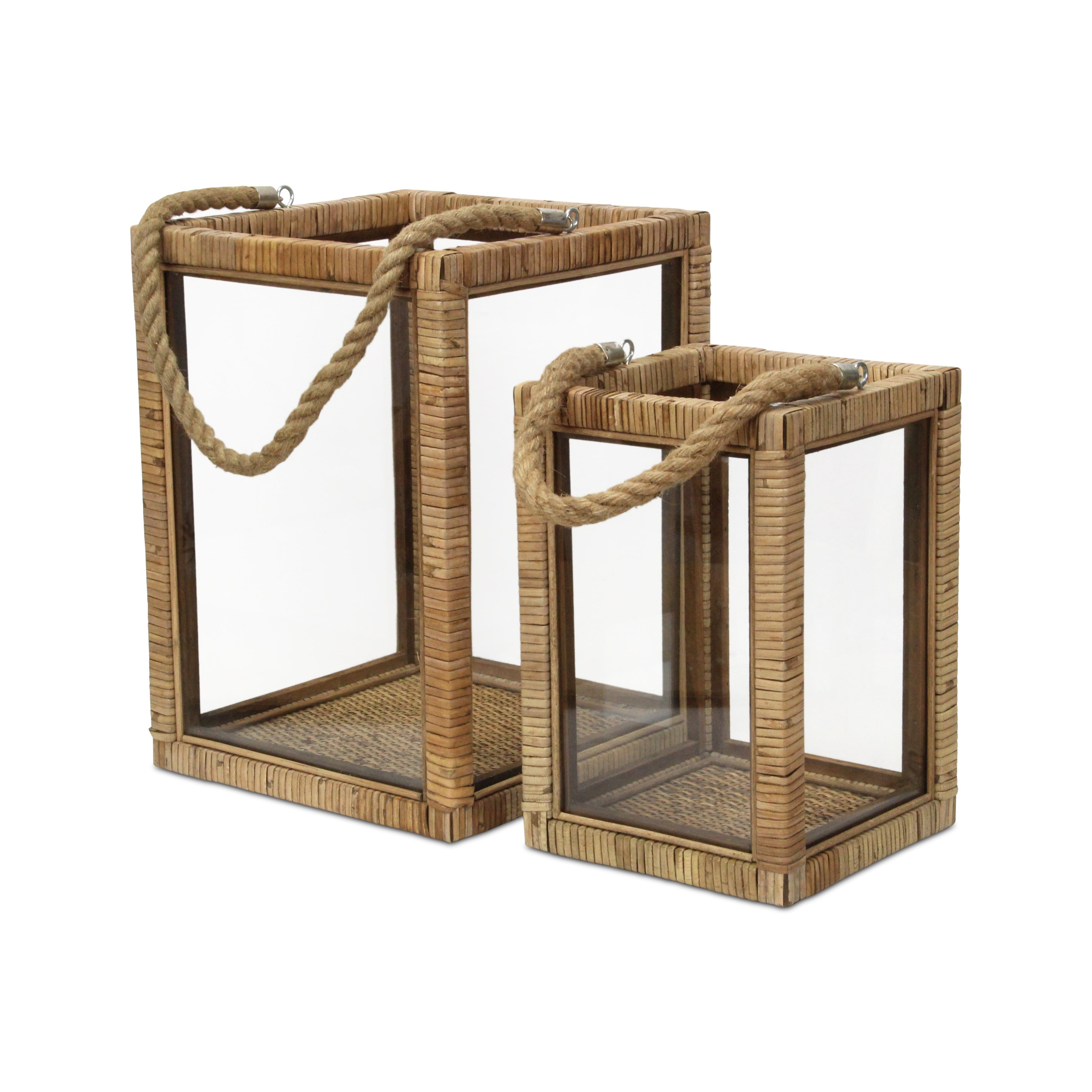 Set of Two Natural Glass Rattan And Rope Tabletop Lantern Candle Holders-Candle Holders-DECOROLALA