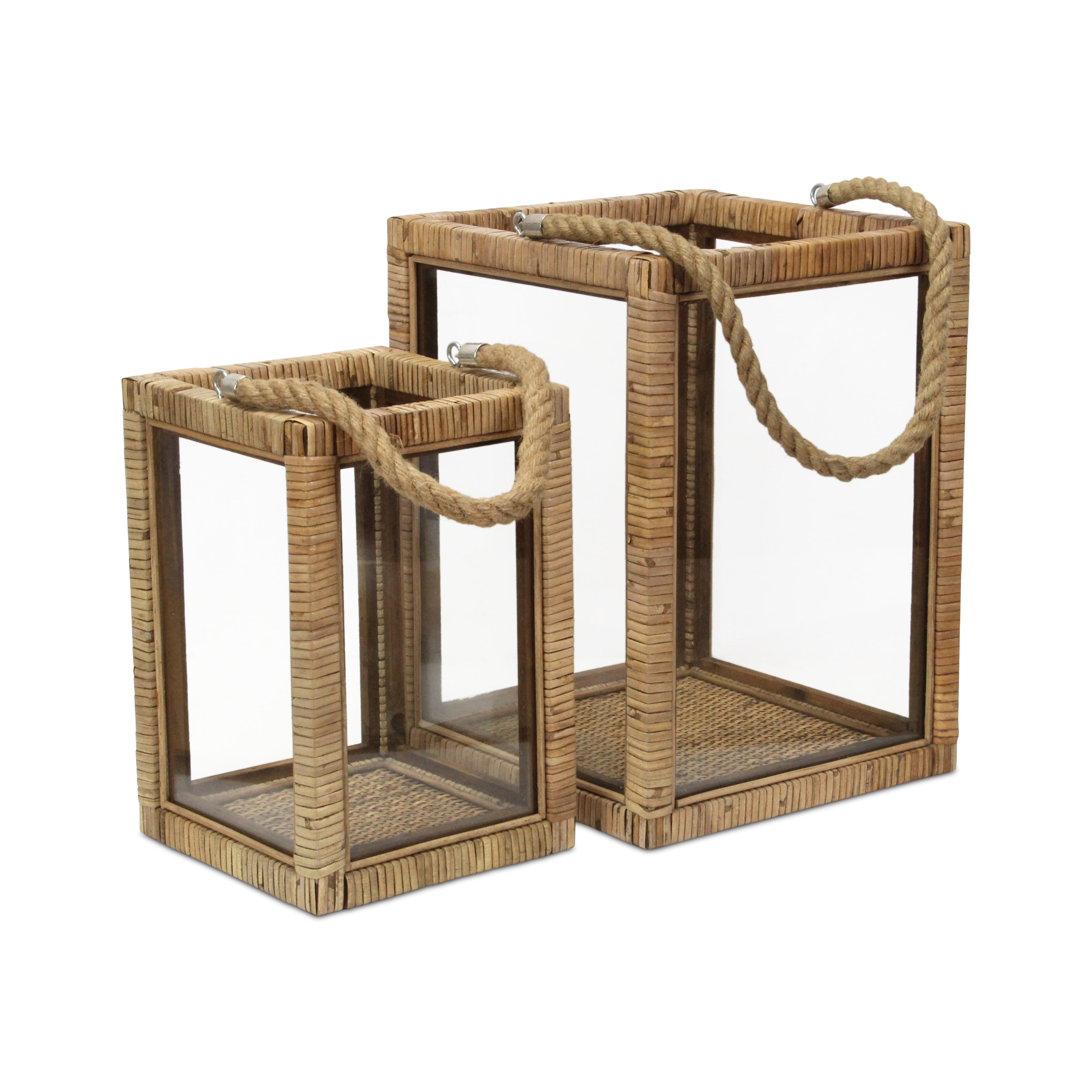 Set of Two Natural Glass Rattan And Rope Tabletop Lantern Candle Holders-Candle Holders-DECOROLALA