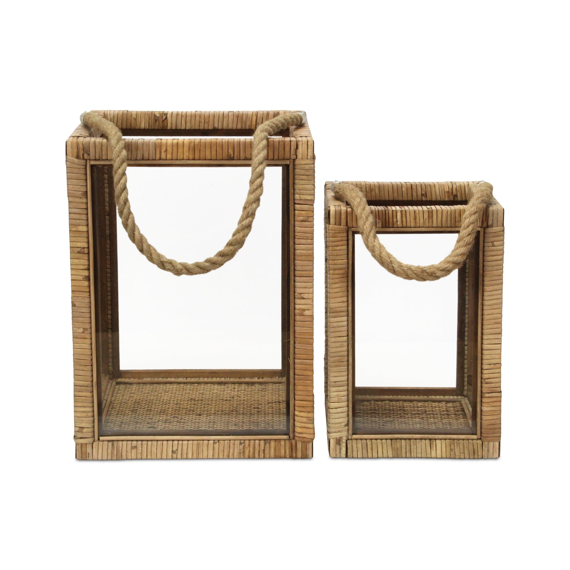 Set of Two Natural Glass Rattan And Rope Tabletop Lantern Candle Holders-Candle Holders-DECOROLALA