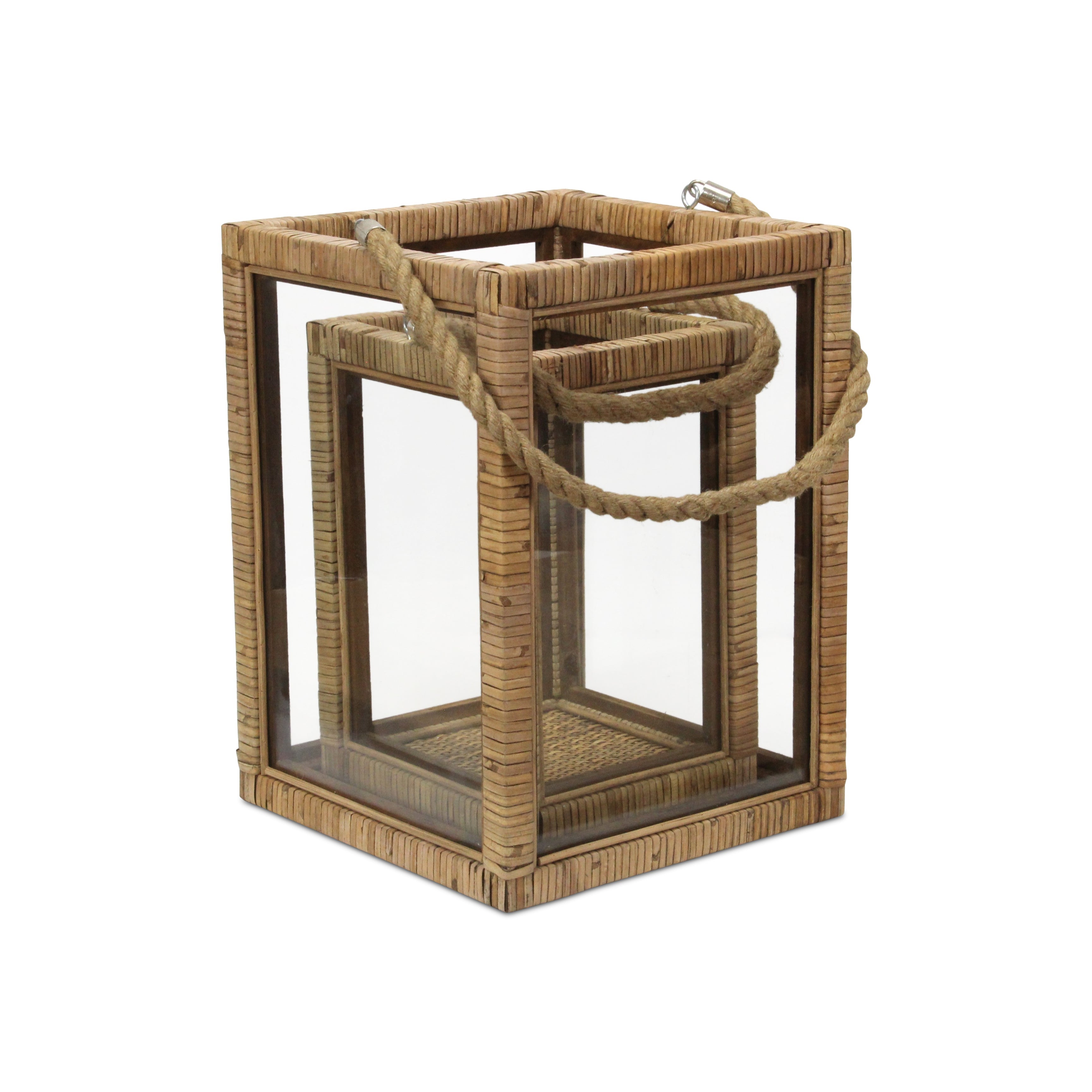 Set of Two Natural Glass Rattan And Rope Tabletop Lantern Candle Holders-Candle Holders-DECOROLALA