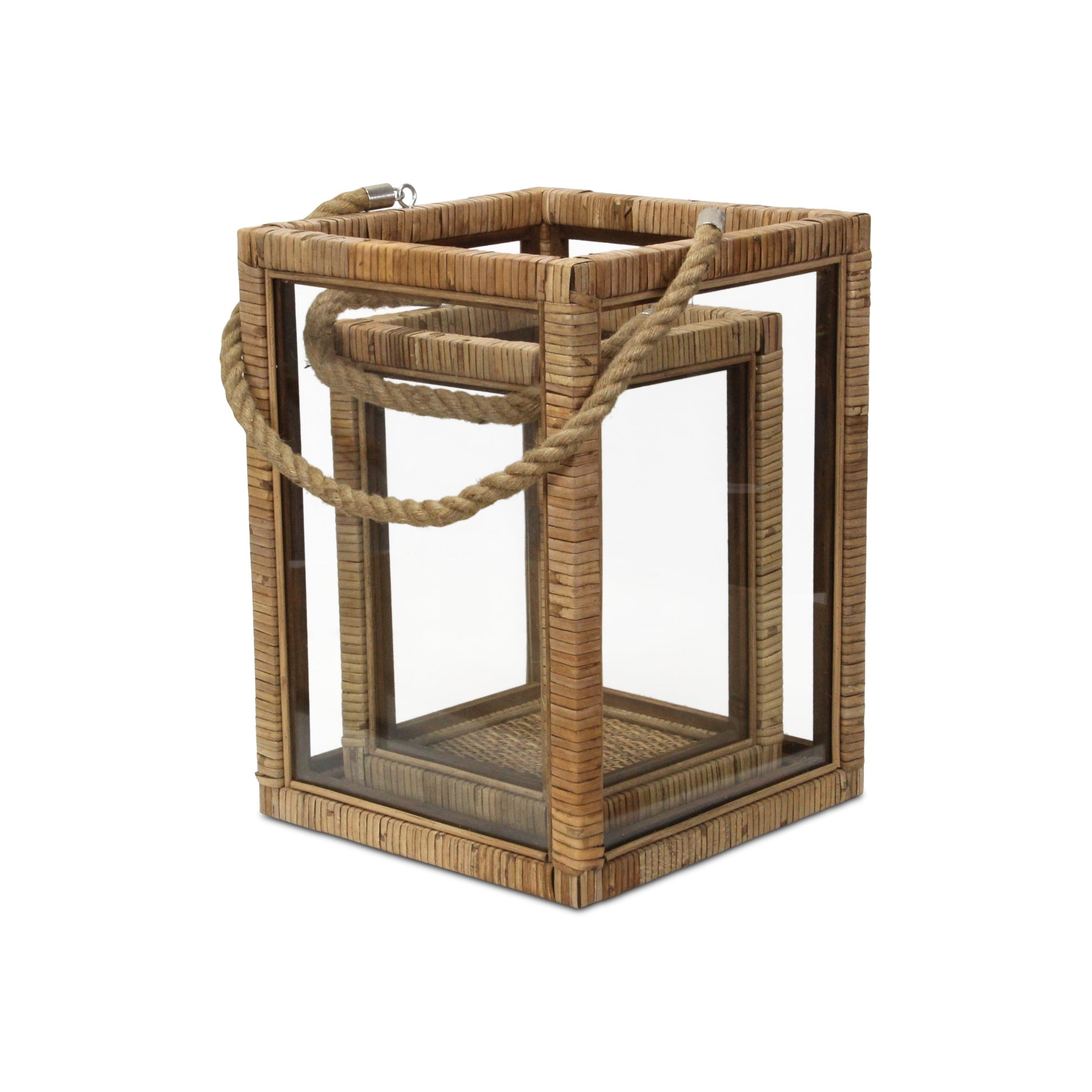 Set of Two Natural Glass Rattan And Rope Tabletop Lantern Candle Holders-Candle Holders-DECOROLALA