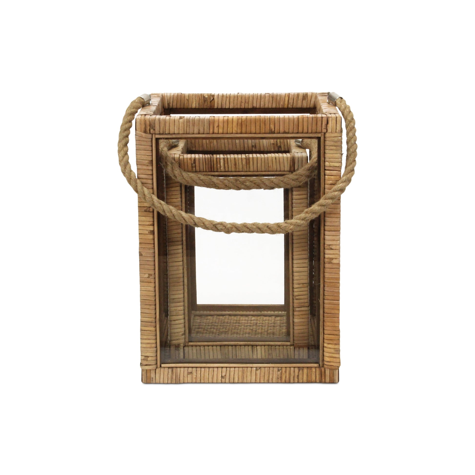Set of Two Natural Glass Rattan And Rope Tabletop Lantern Candle Holders-Candle Holders-DECOROLALA