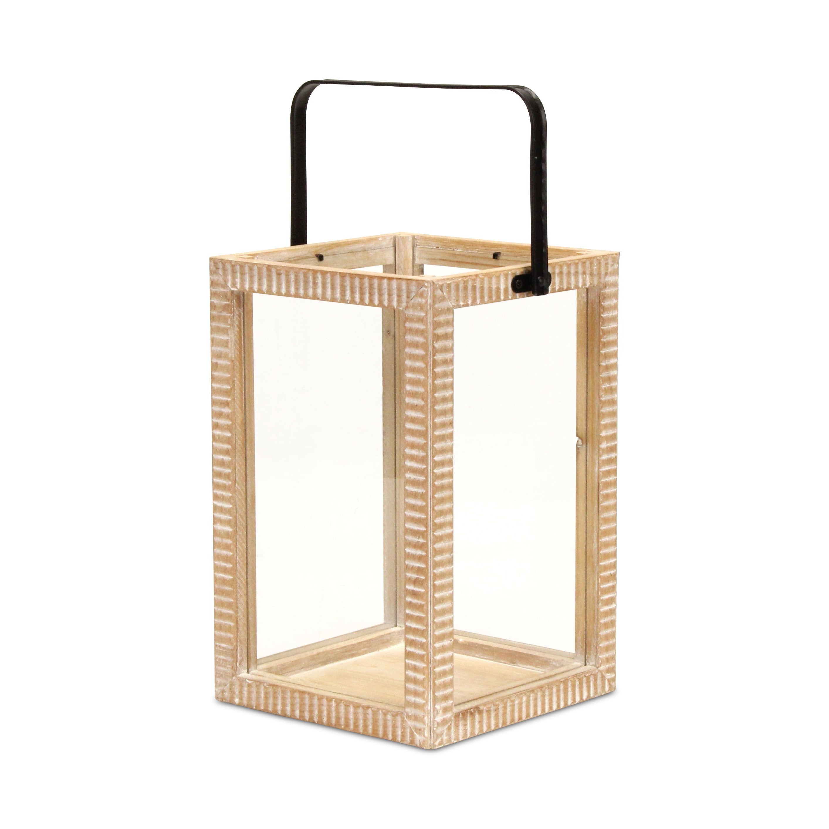 16" Clear And Natural Glass And Solid Wood Tabletop Lantern Candle Holder-Candle Holders-DECOROLALA