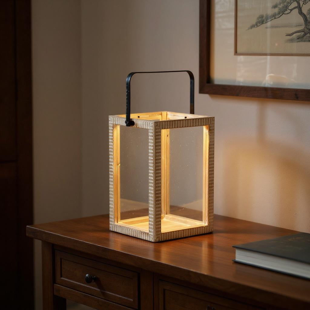 16" Clear And Natural Glass And Solid Wood Tabletop Lantern Candle Holder-Candle Holders-DECOROLALA