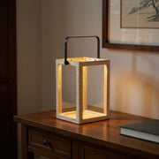 16" Clear And Natural Glass And Solid Wood Tabletop Lantern Candle Holder-Candle Holders-DECOROLALA