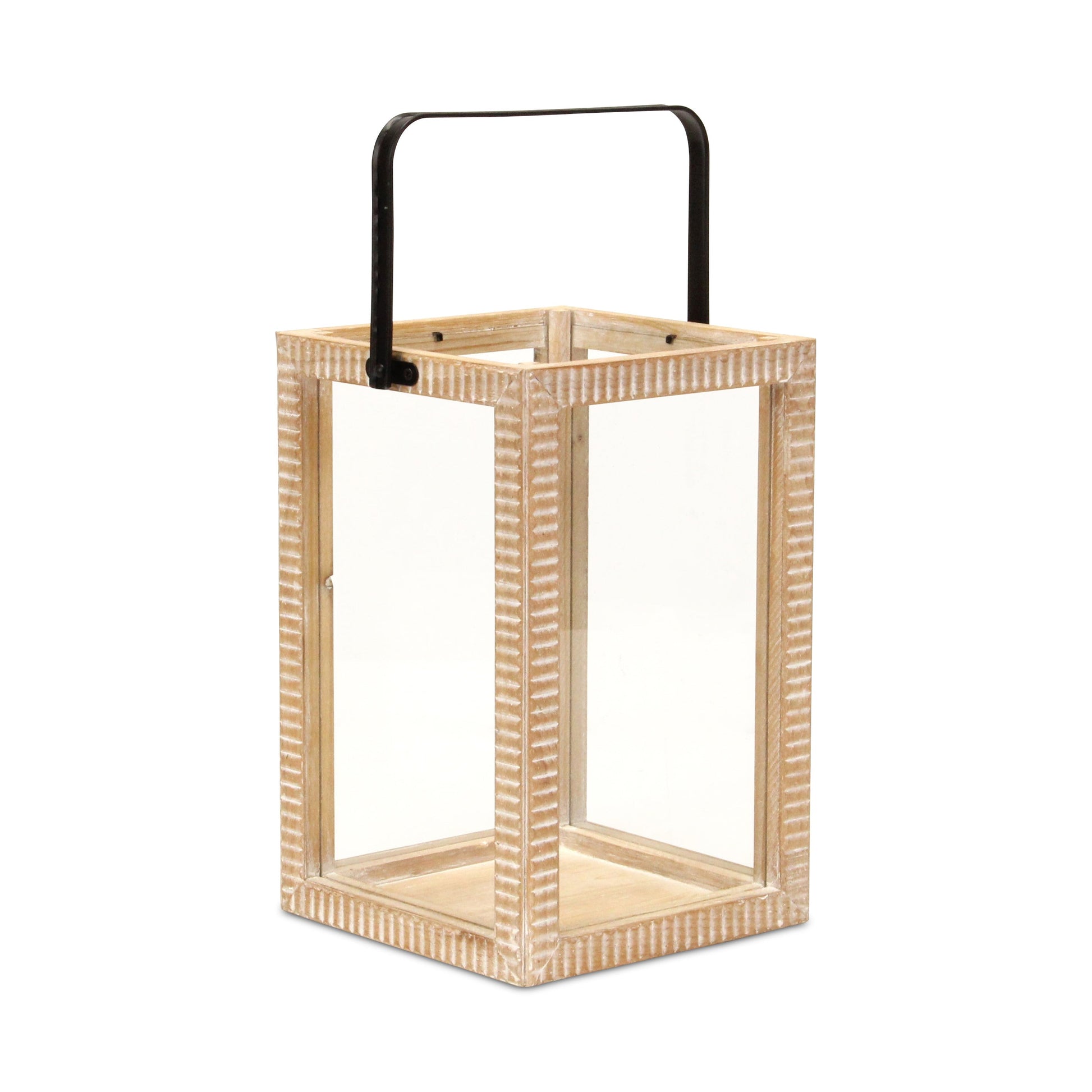 16" Clear And Natural Glass And Solid Wood Tabletop Lantern Candle Holder-Candle Holders-DECOROLALA