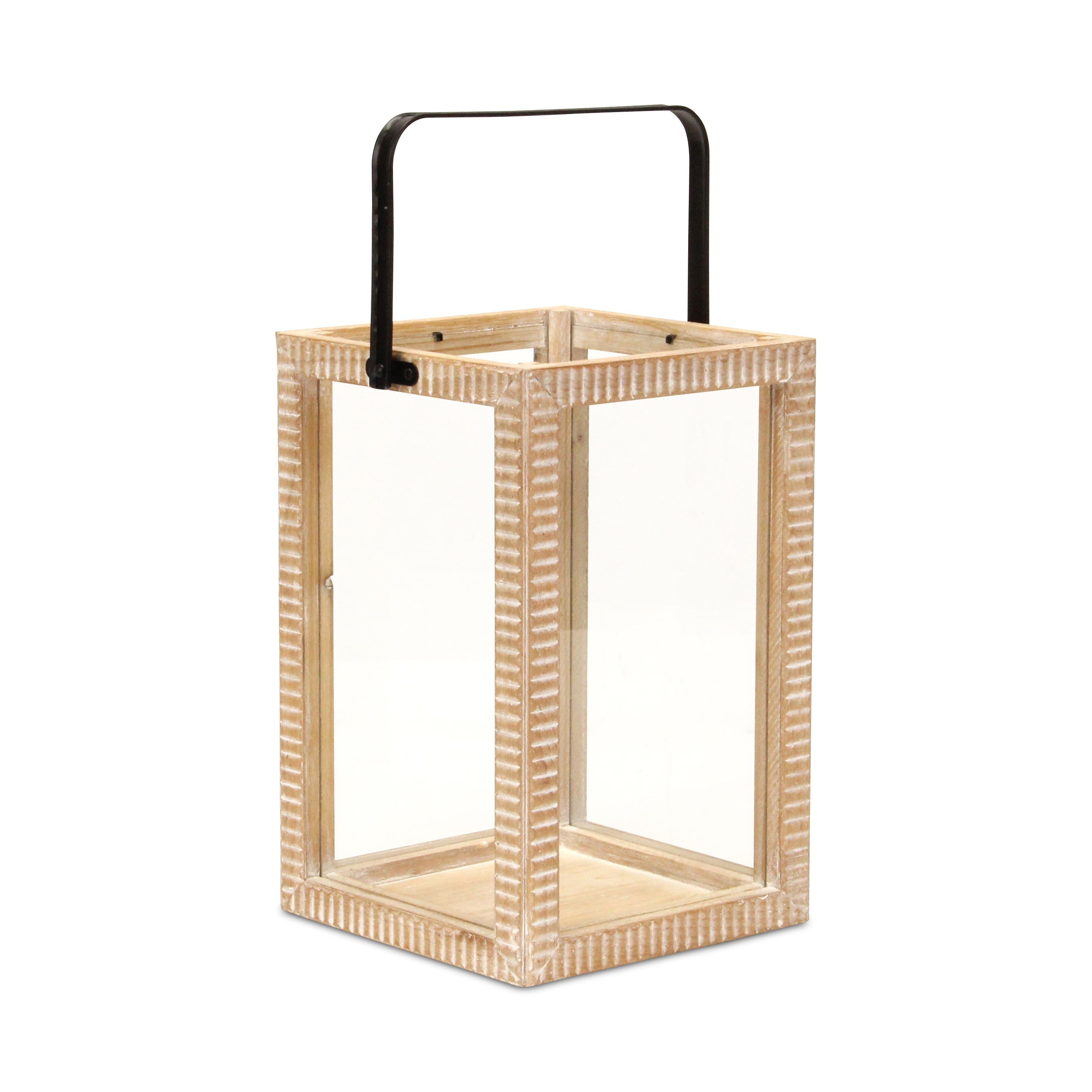 16" Clear And Natural Glass And Solid Wood Tabletop Lantern Candle Holder-Candle Holders-DECOROLALA