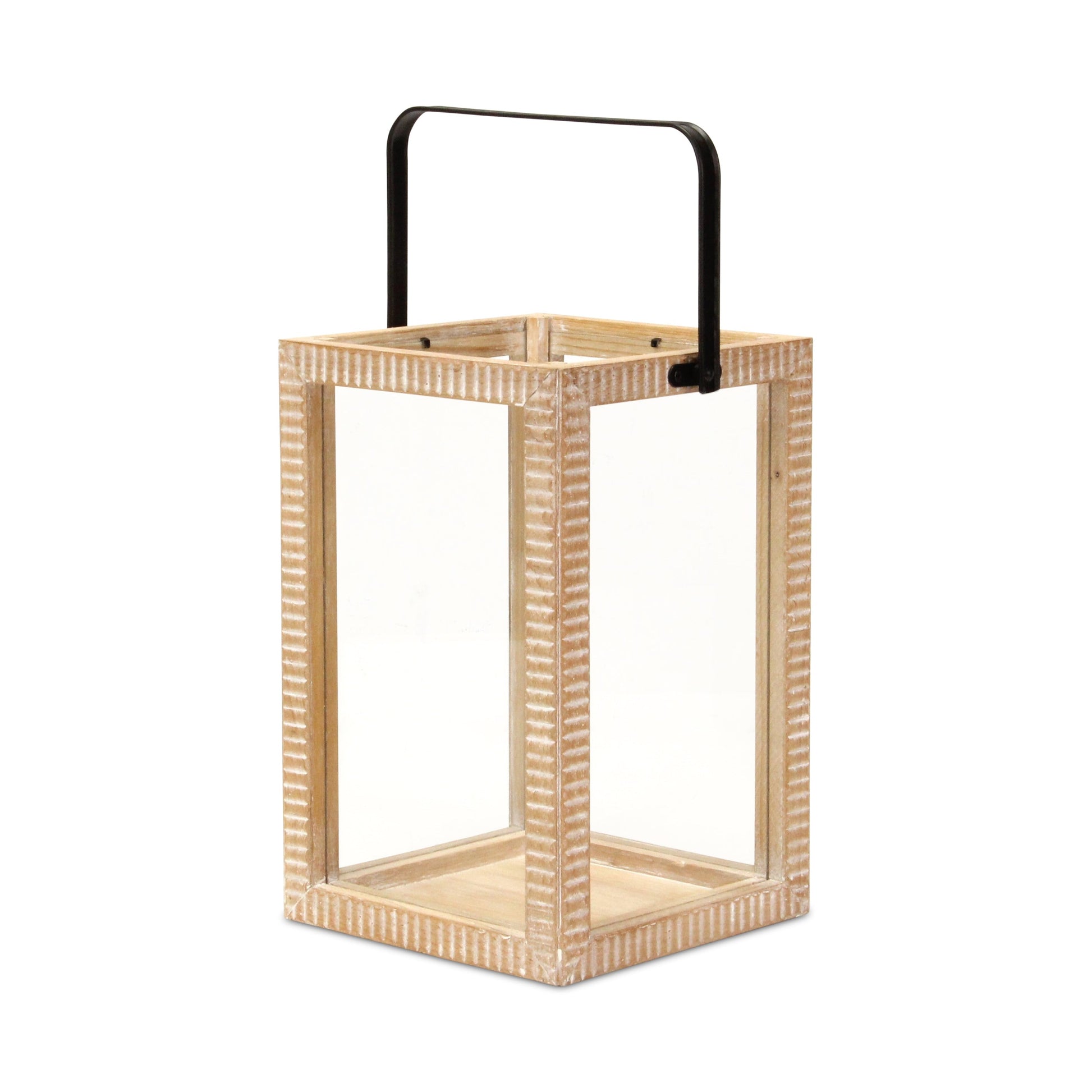 16" Clear And Natural Glass And Solid Wood Tabletop Lantern Candle Holder-Candle Holders-DECOROLALA