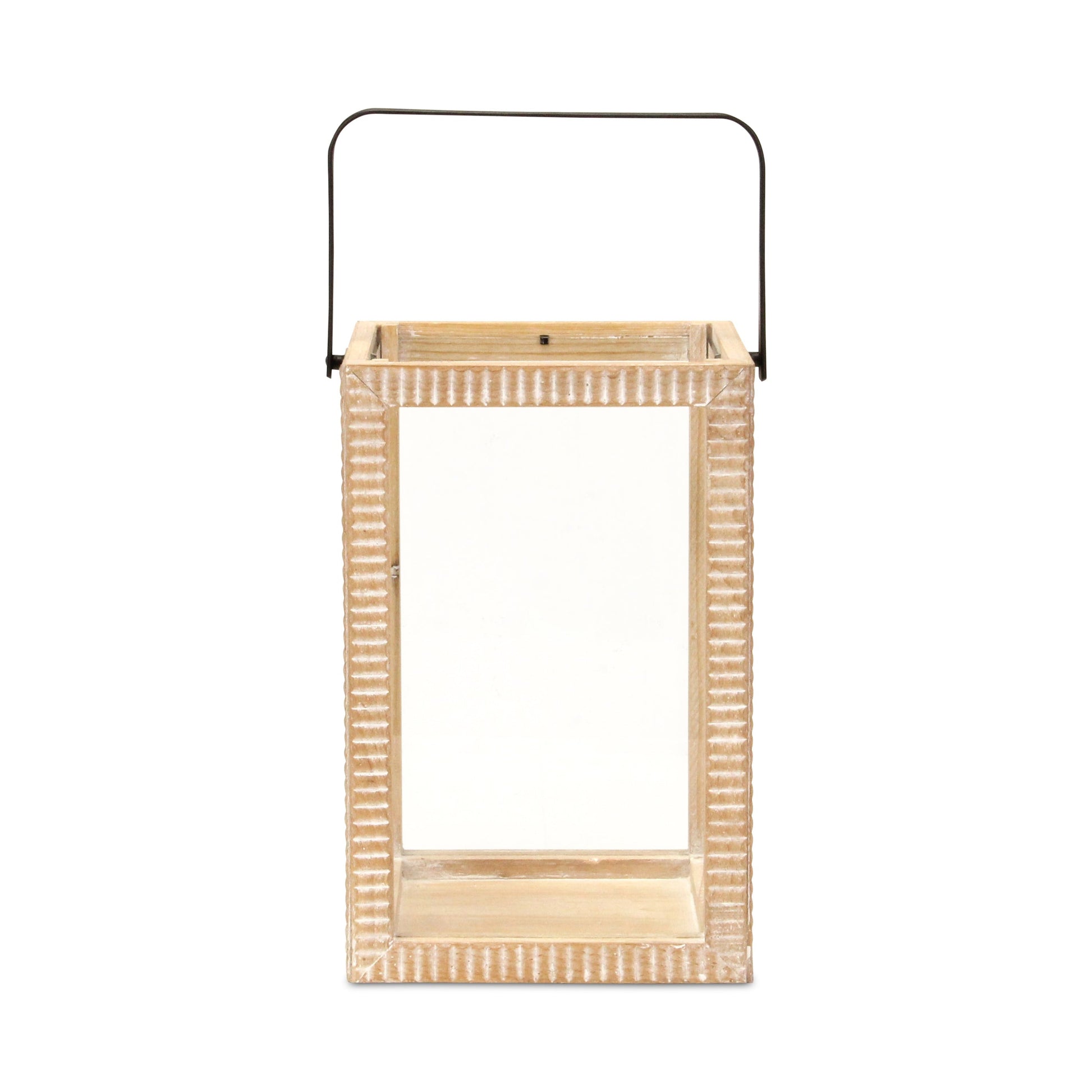 16" Clear And Natural Glass And Solid Wood Tabletop Lantern Candle Holder-Candle Holders-DECOROLALA
