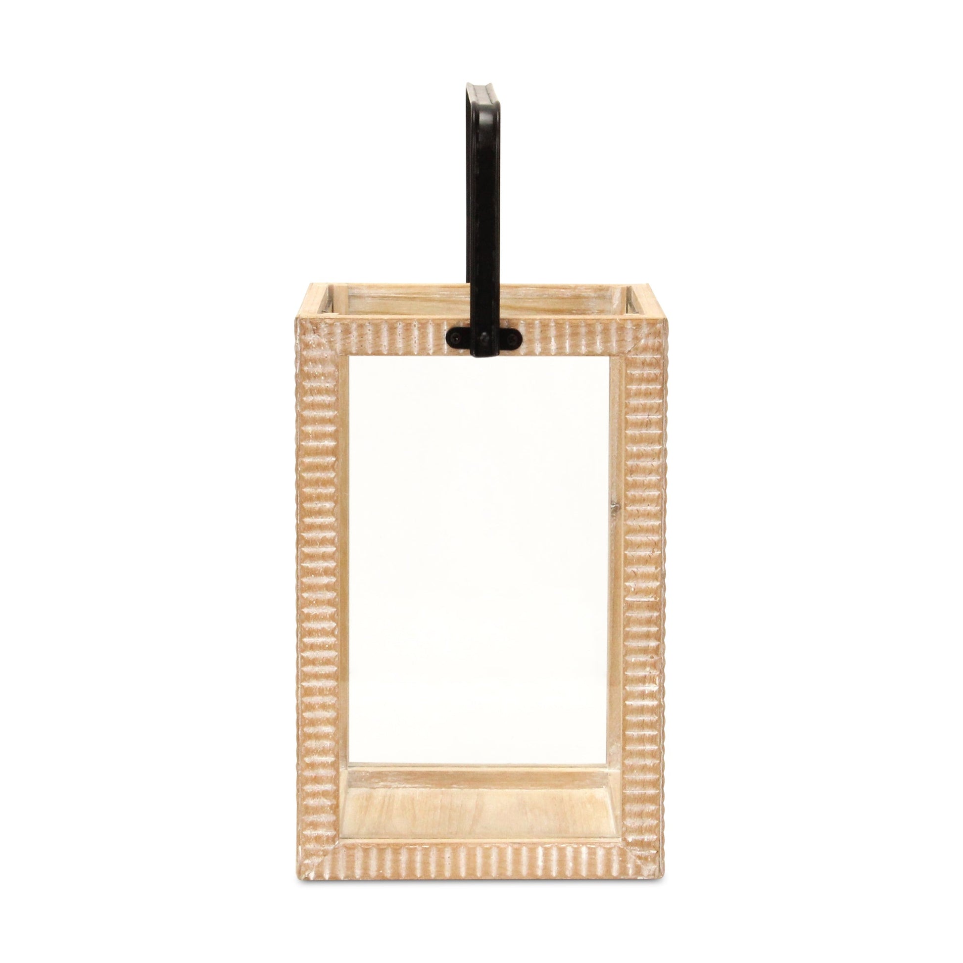 16" Clear And Natural Glass And Solid Wood Tabletop Lantern Candle Holder-Candle Holders-DECOROLALA