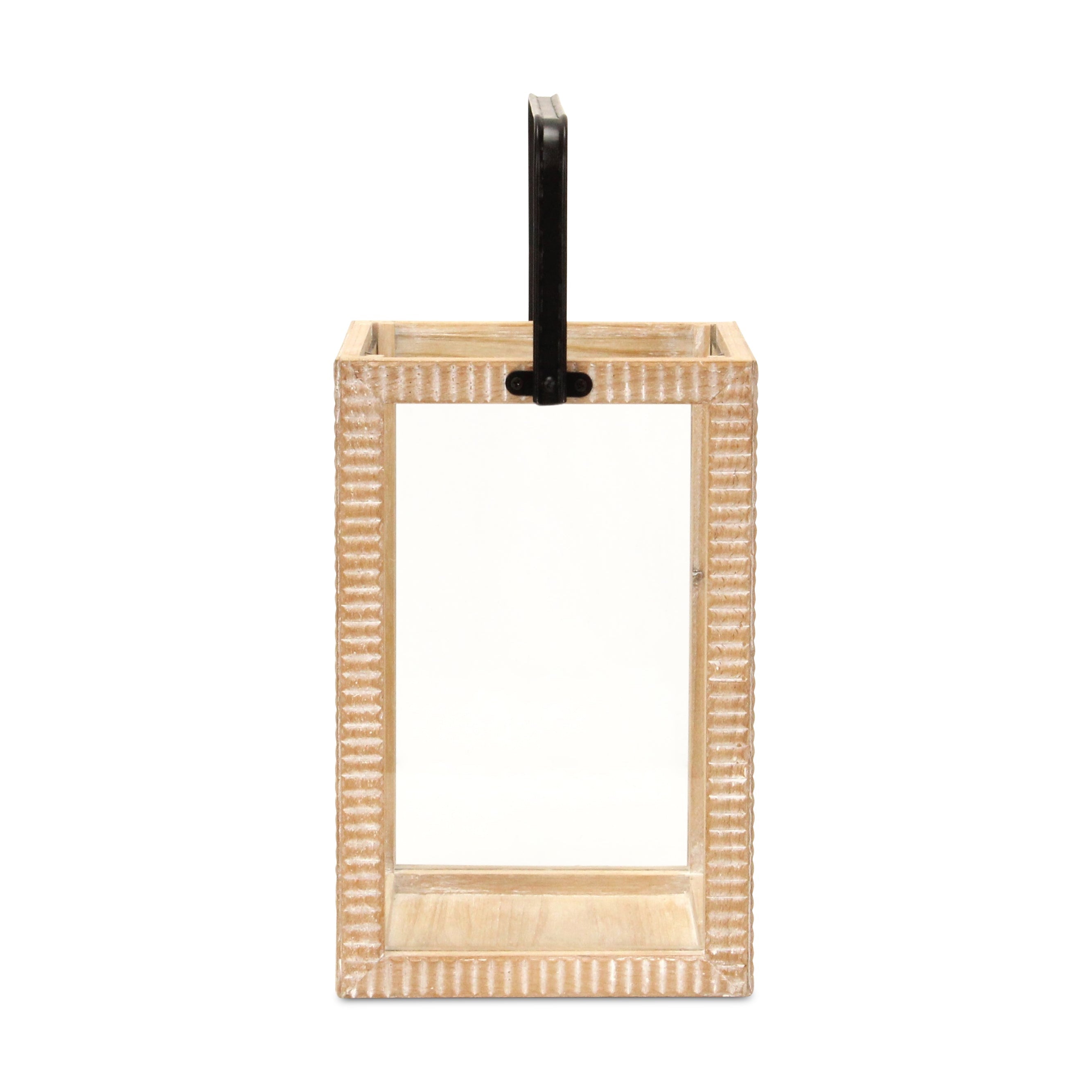 16" Clear And Natural Glass And Solid Wood Tabletop Lantern Candle Holder-Candle Holders-DECOROLALA