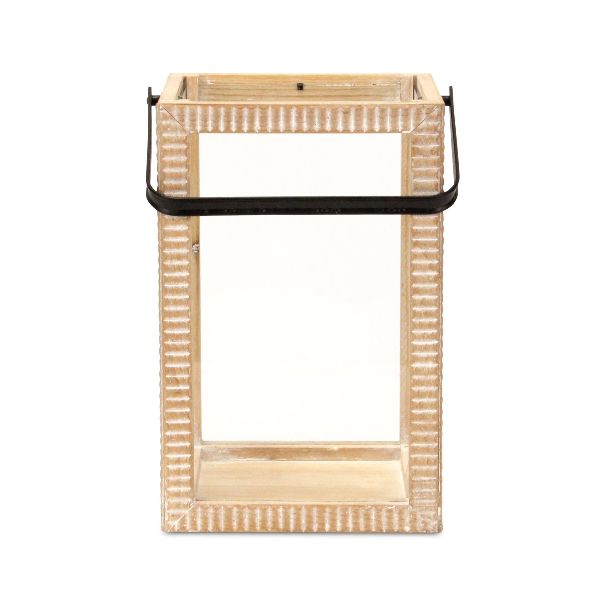16" Clear And Natural Glass And Solid Wood Tabletop Lantern Candle Holder-Candle Holders-DECOROLALA