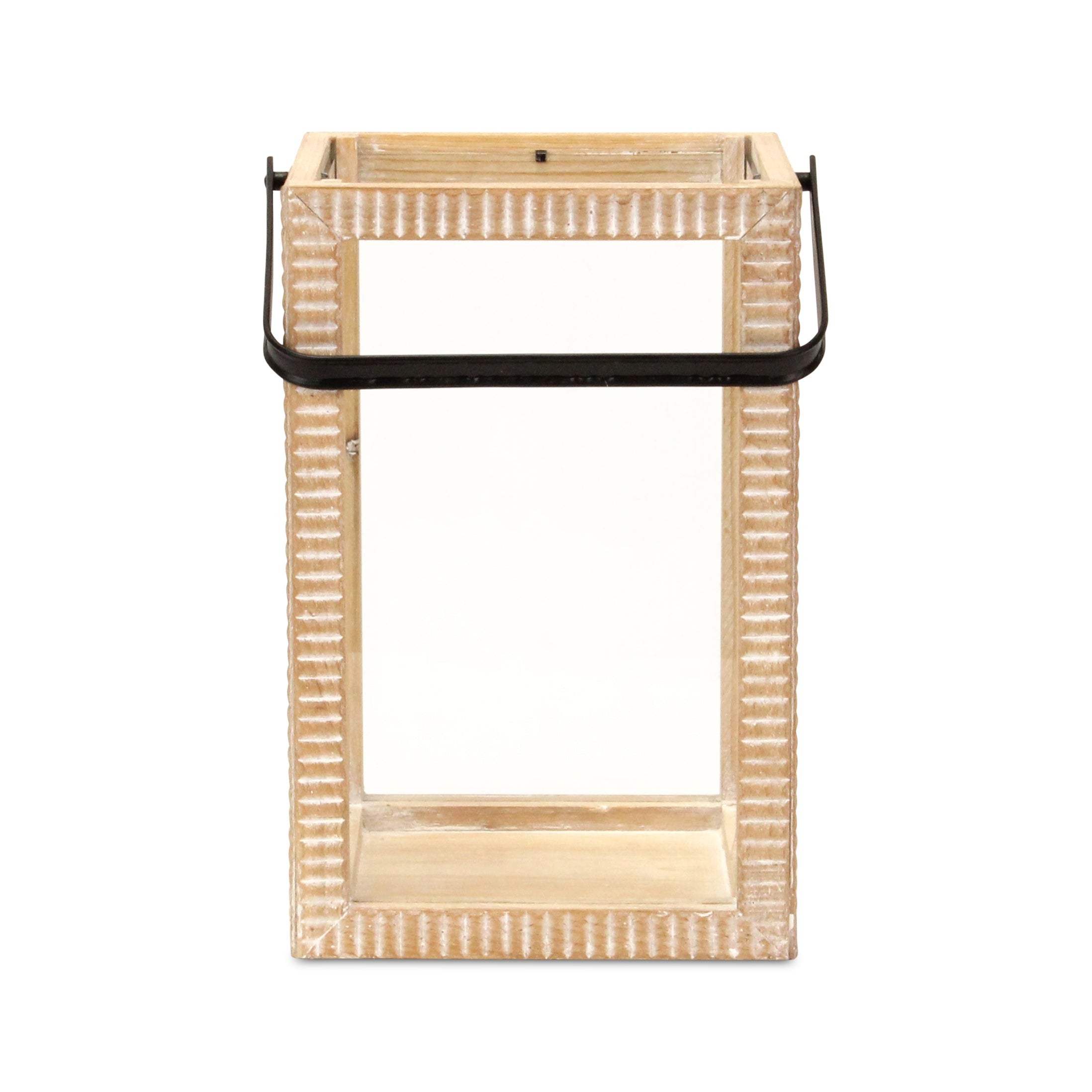 16" Clear And Natural Glass And Solid Wood Tabletop Lantern Candle Holder-Candle Holders-DECOROLALA