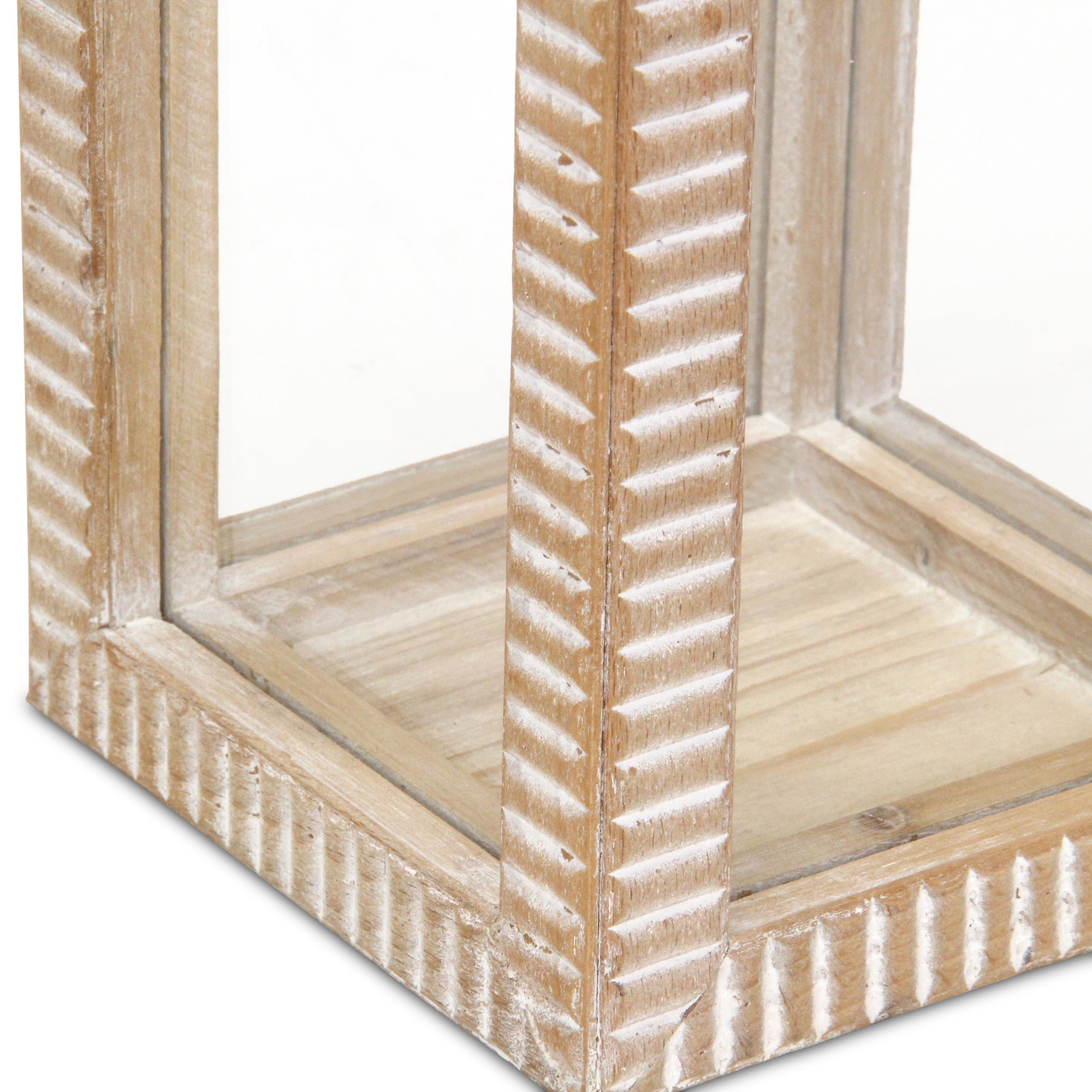 16" Clear And Natural Glass And Solid Wood Tabletop Lantern Candle Holder-Candle Holders-DECOROLALA