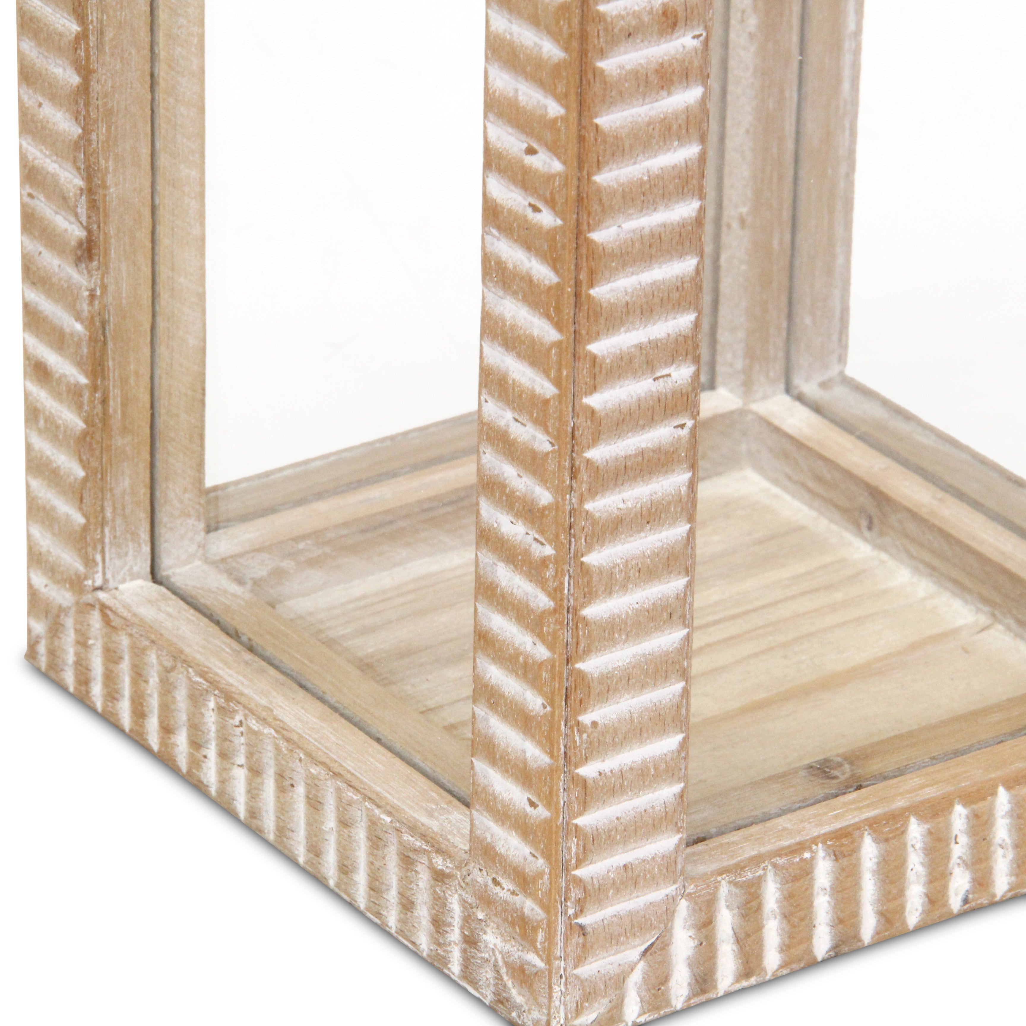 16" Clear And Natural Glass And Solid Wood Tabletop Lantern Candle Holder-Candle Holders-DECOROLALA