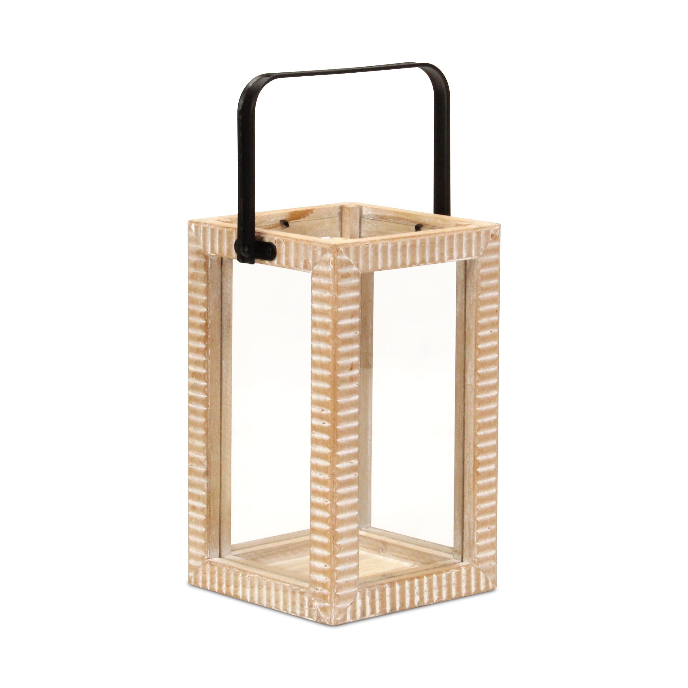 13" Natural Distressed Geometric Solid Wood Tabletop Lantern Candle Holder-Candle Holders-DECOROLALA