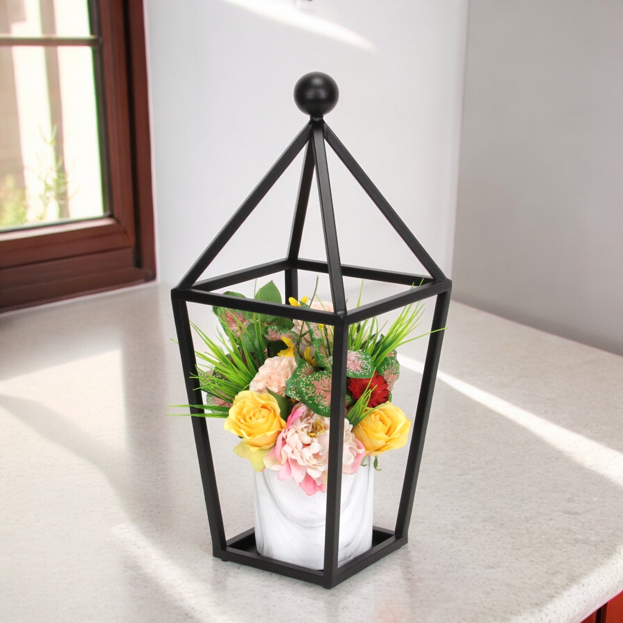 24" Black Geometric Metal Tabletop Lantern Candle Holder-Candle Holders-DECOROLALA
