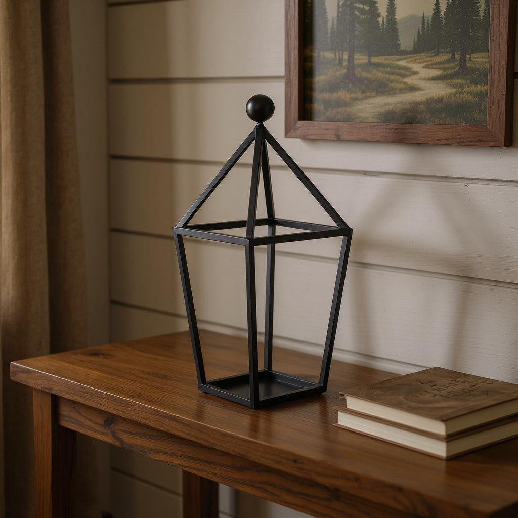 24" Black Geometric Metal Tabletop Lantern Candle Holder-Candle Holders-DECOROLALA