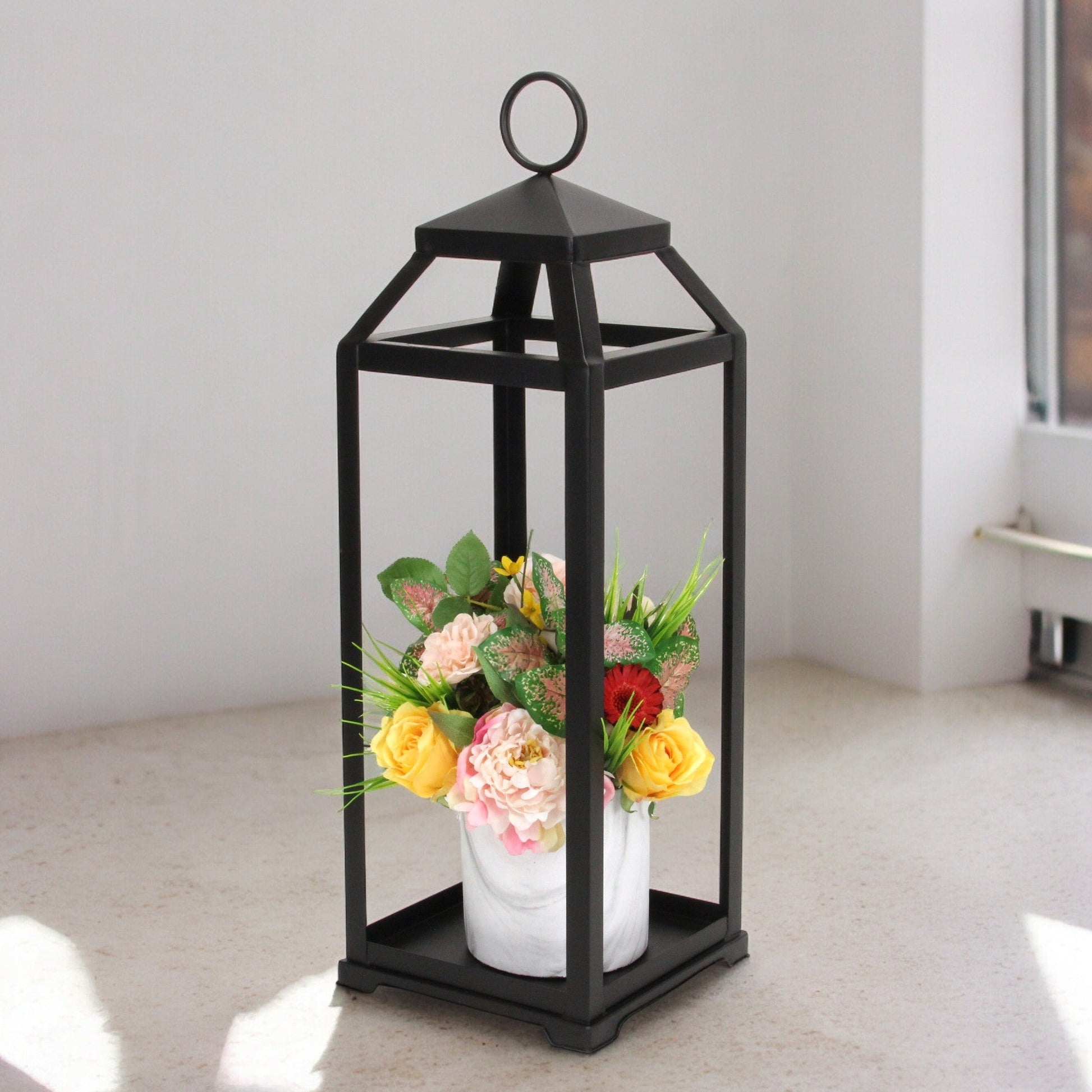 29" Black Geometric Metal Floor Lantern Candle Holder-Candle Holders-DECOROLALA