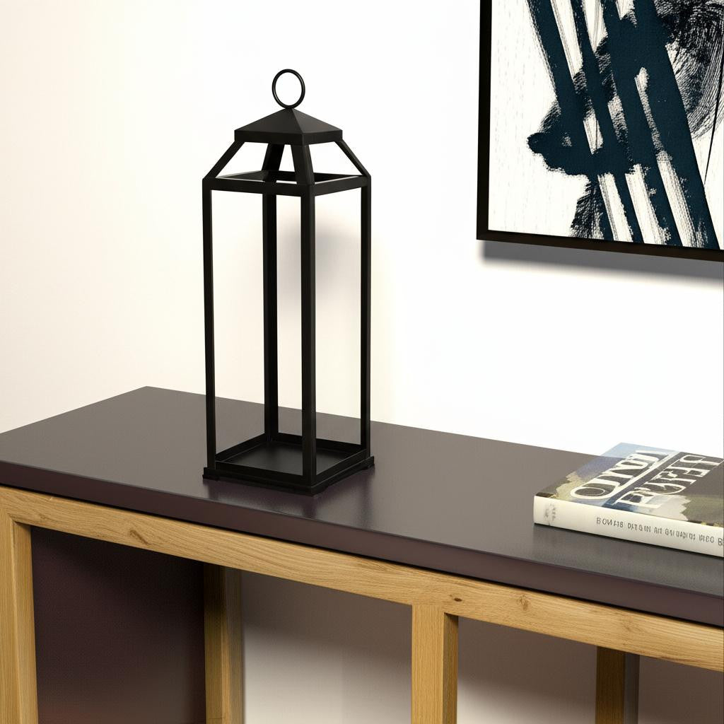 29" Black Geometric Metal Floor Lantern Candle Holder-Candle Holders-DECOROLALA