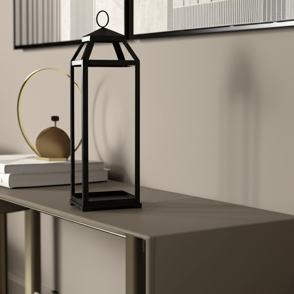 29" Black Geometric Metal Floor Lantern Candle Holder-Candle Holders-DECOROLALA