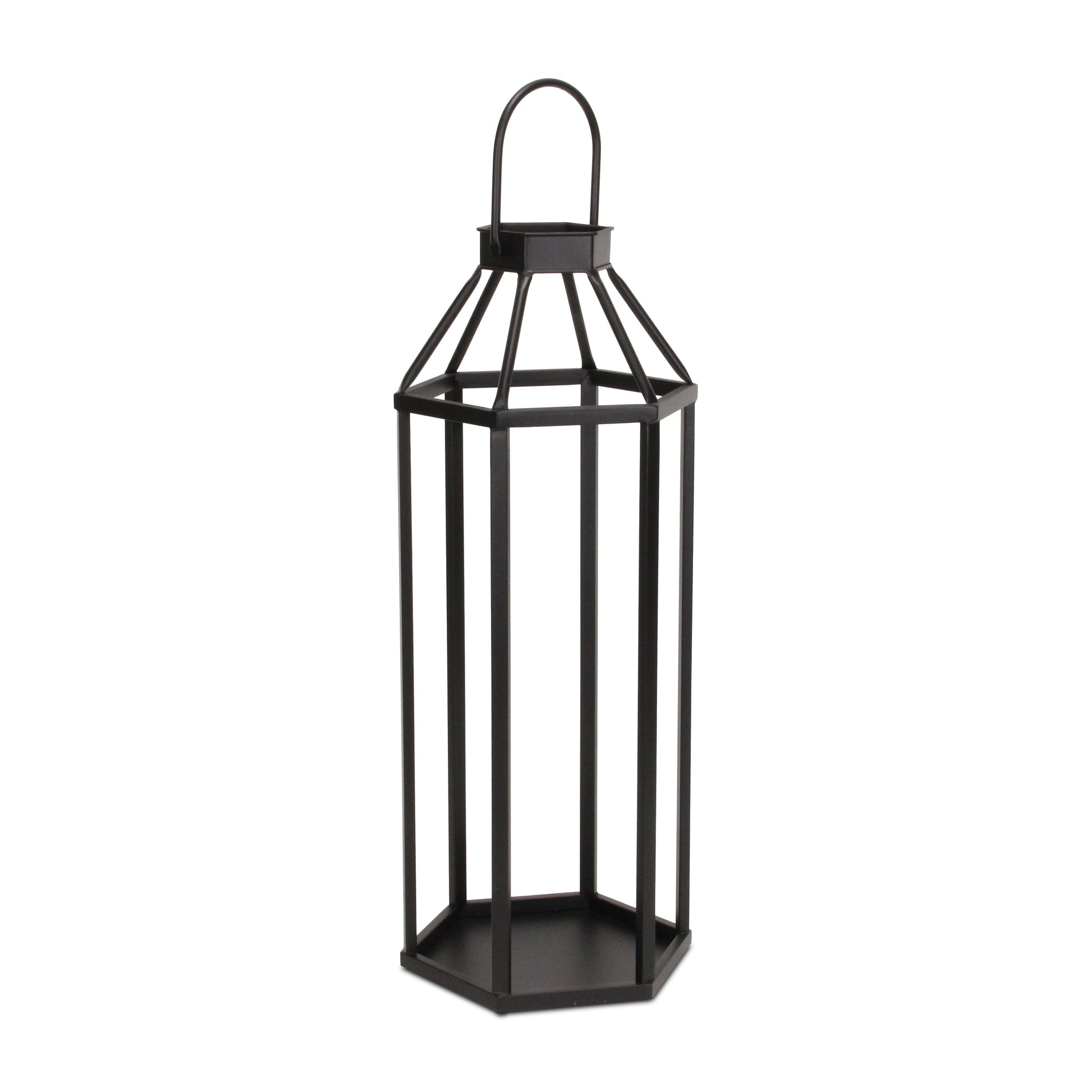 32" Black Geometric Metal Floor Lantern Candle Holder-Candle Holders-DECOROLALA
